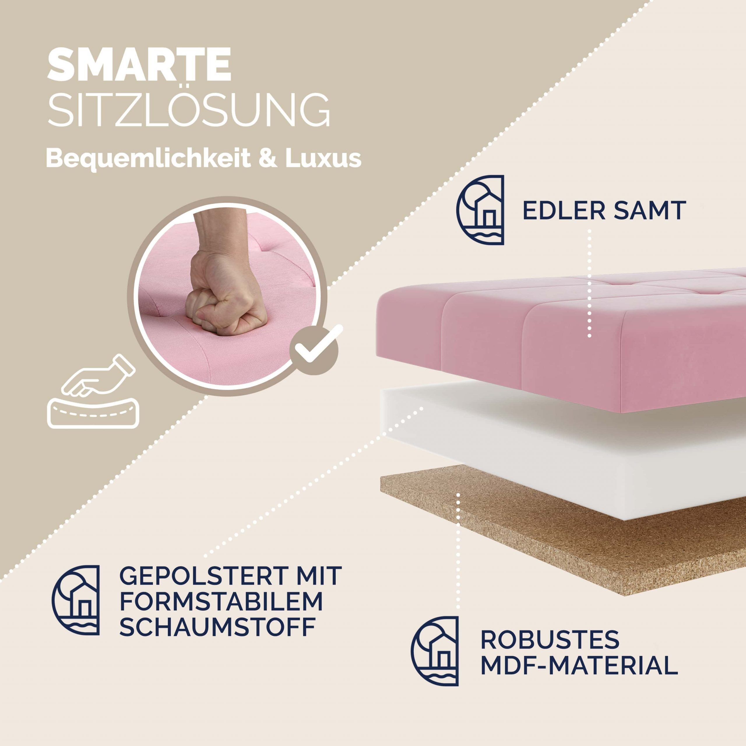 Sitzbank Rosa Samt 76x38x42cm mit Stauraum faltbar
