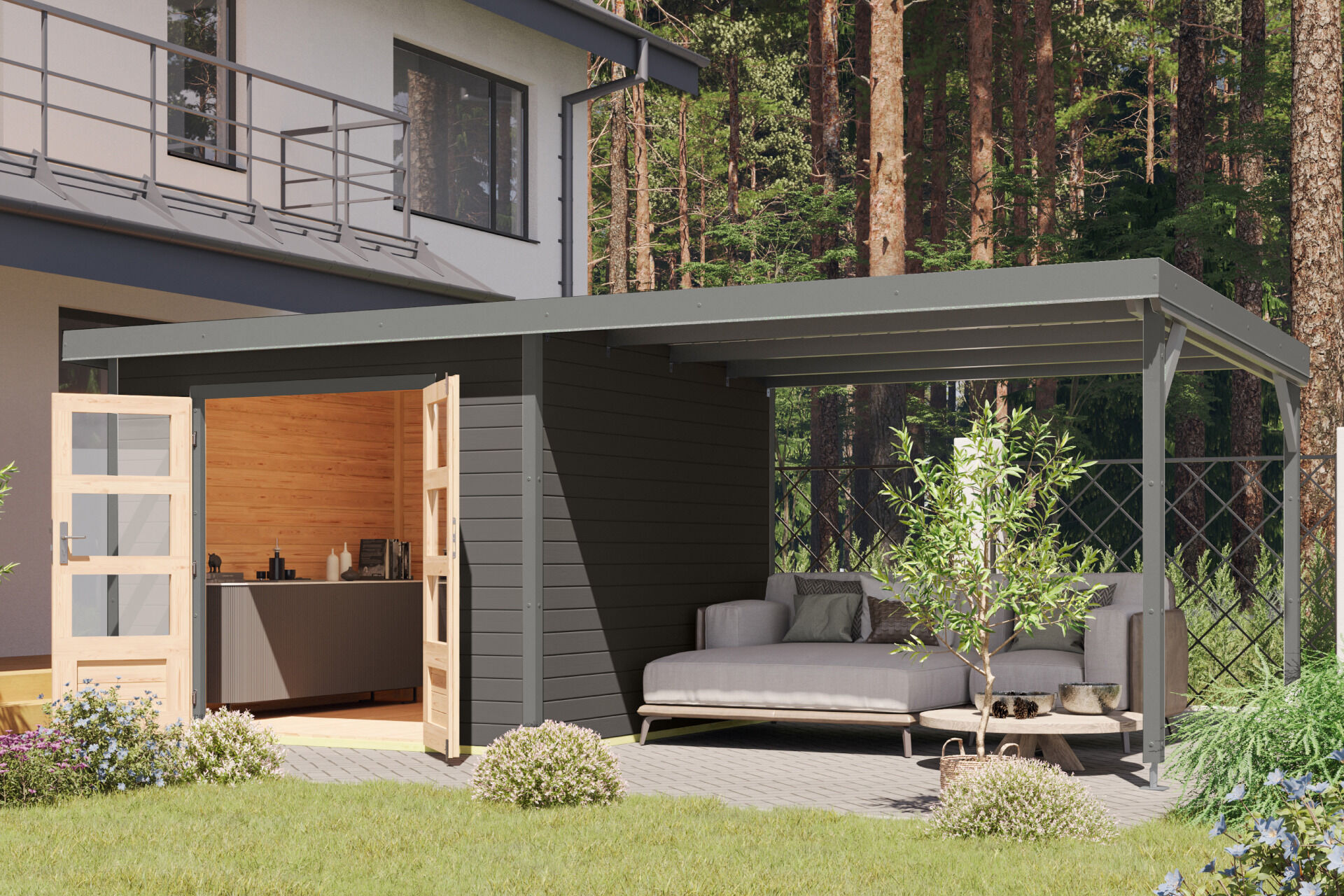 Karibu Pultdach Holz & Metall Gartenhaus Pluto 6 Set mit Anbaudach 3,07 m, naturbelassen / graualuminium