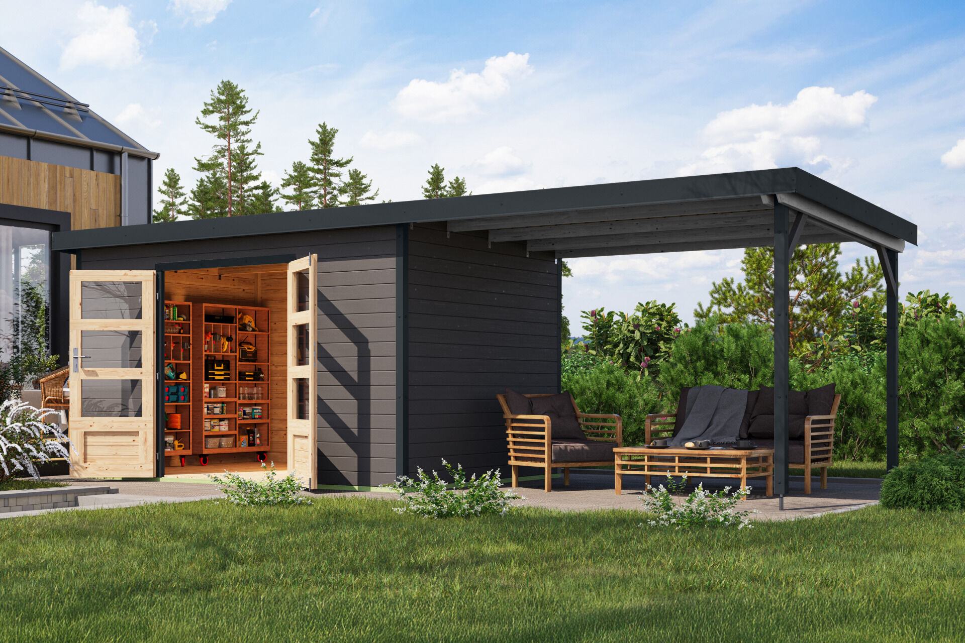 Karibu Pultdach Holz & Metall Gartenhaus Pluto 7 Set mit Anbaudach 3,07 m, naturbelassen / graualuminium