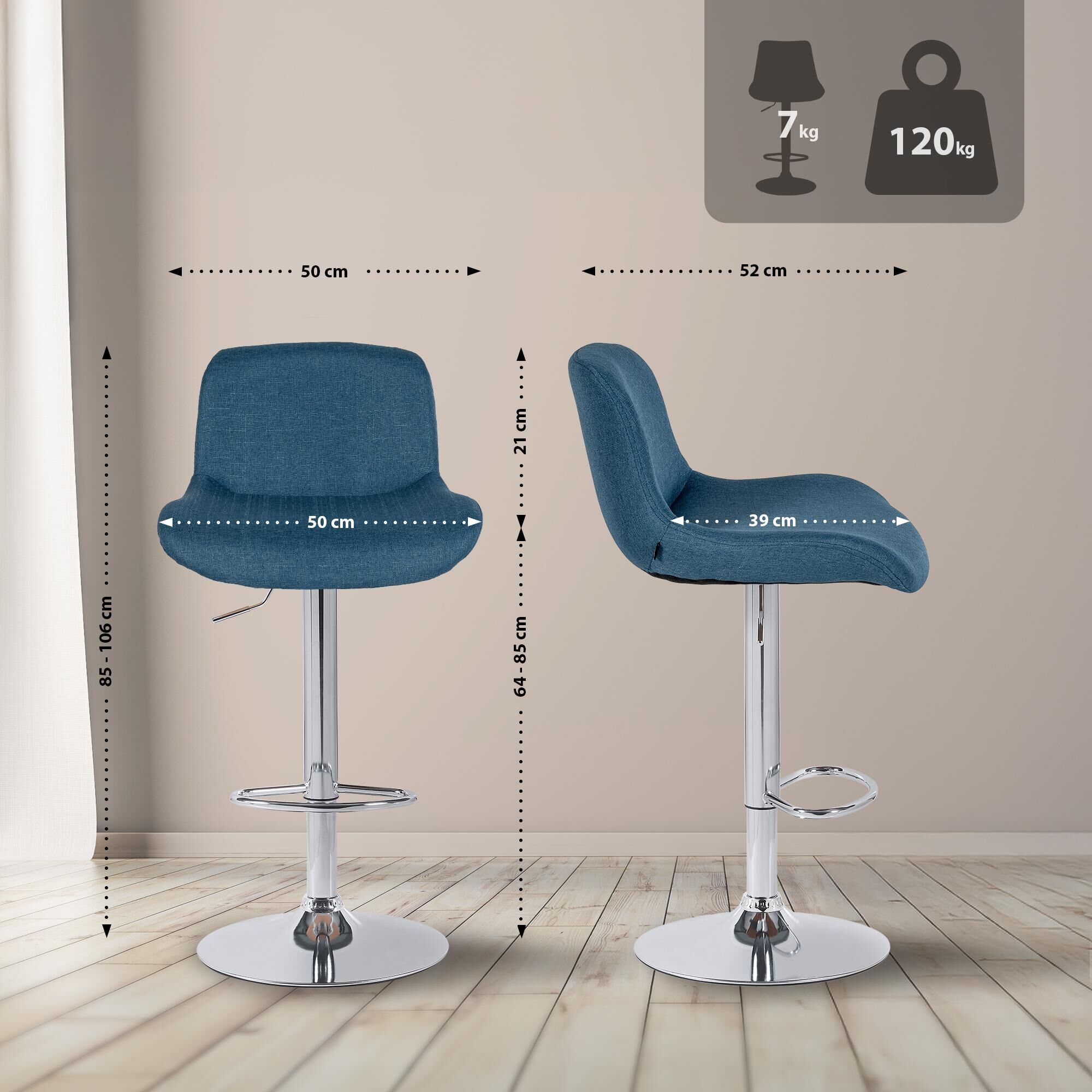 Barhocker Solon Chrom Stoff, blau