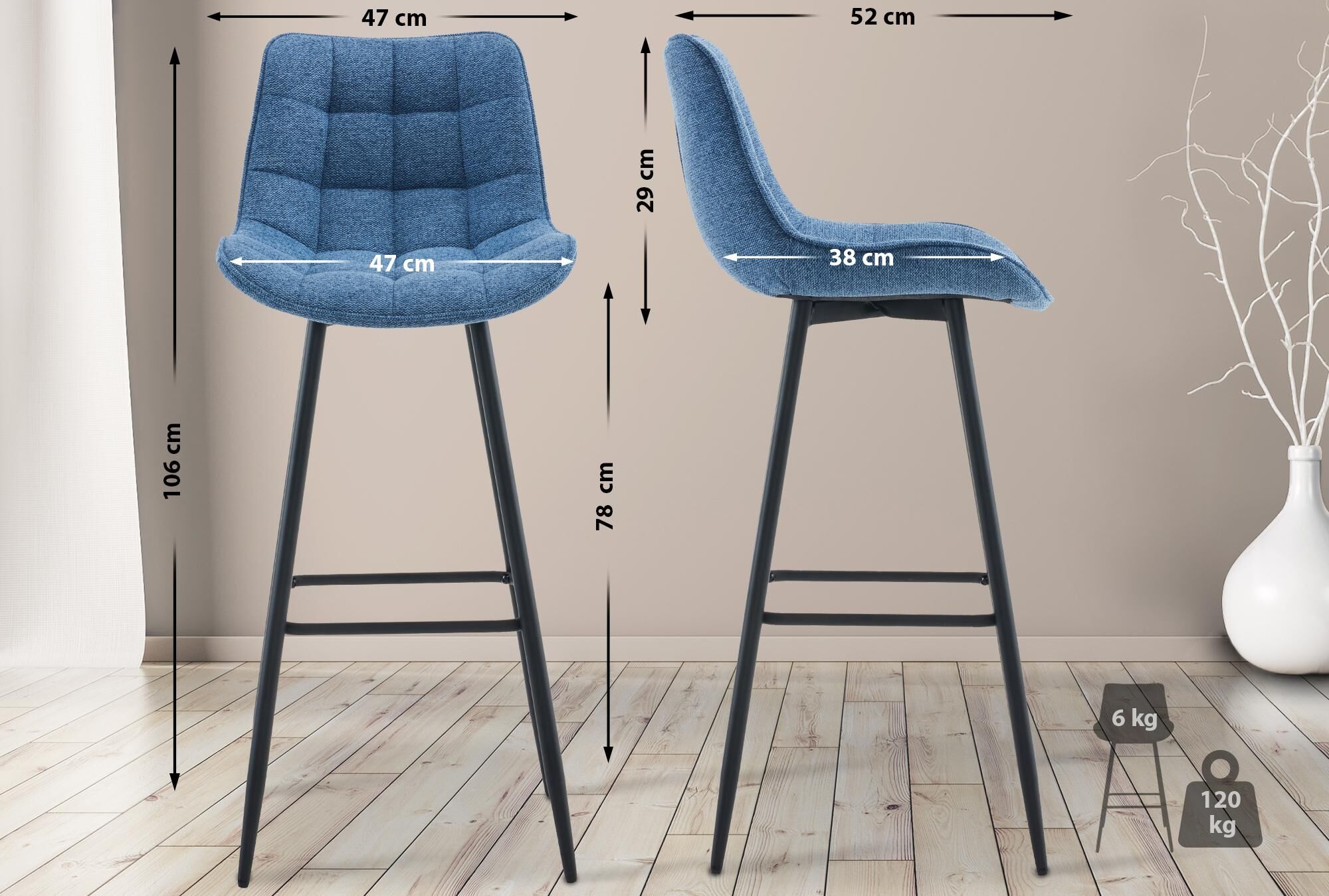 2er Set Barhocker Dartford Stoff, blau