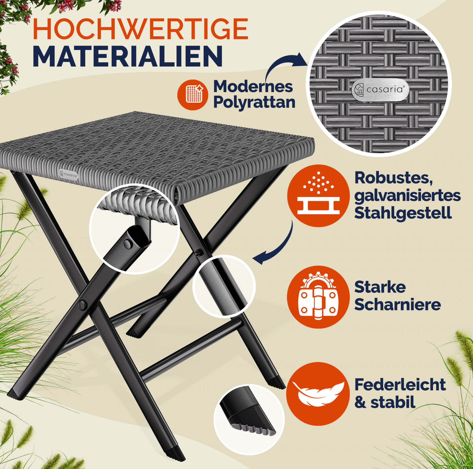 Polyrattan Klapphocker Anthrazit 3in1 120kg Belastbarkeit 43x40x44cm klappbar leicht tragbar außen wetterfest