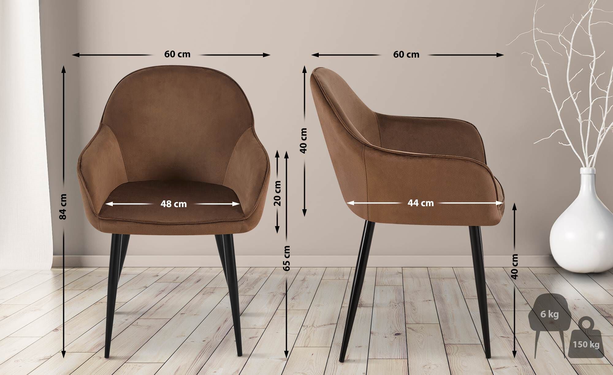 2er Set Esszimmerstuhl Boise Samt, braun