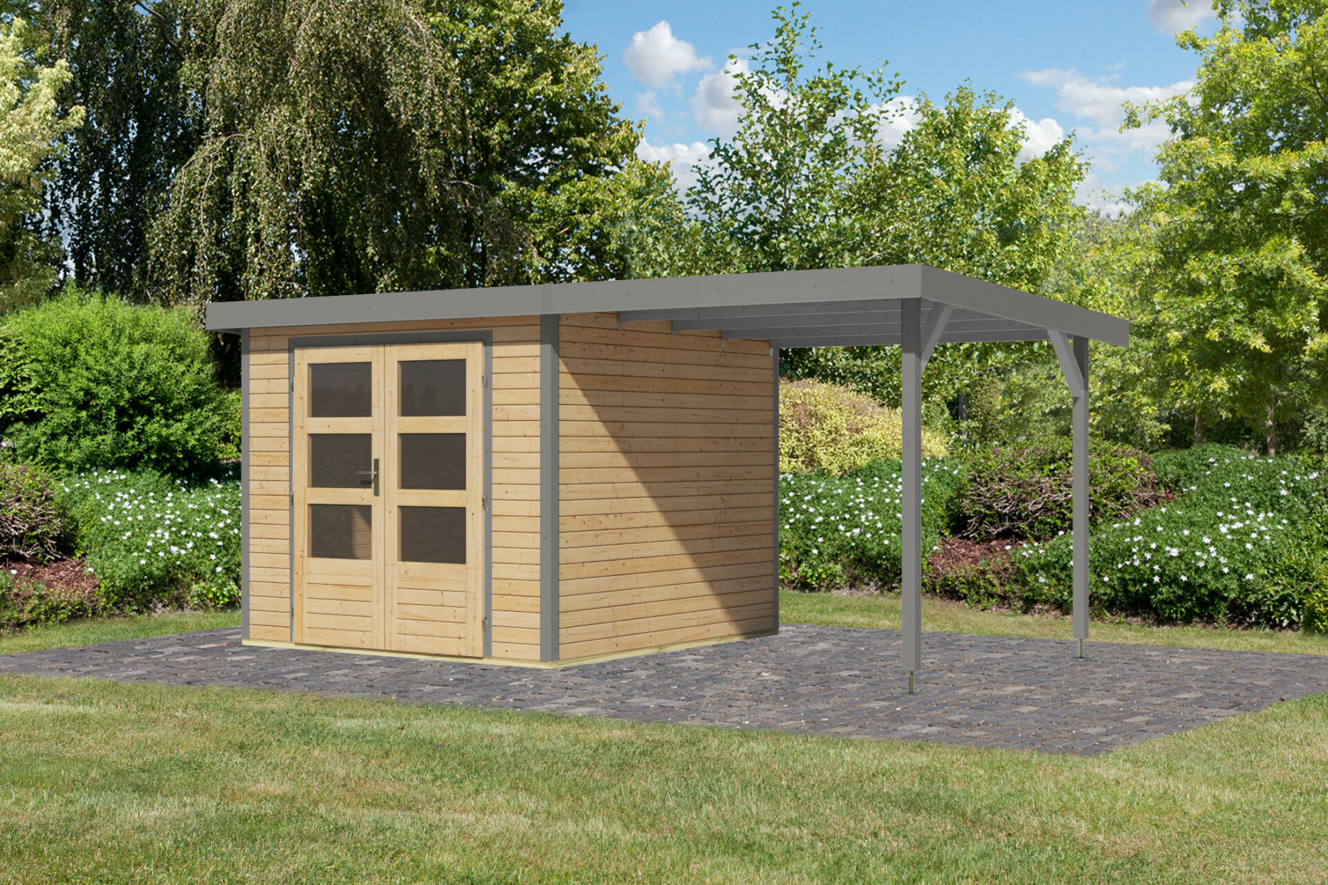 Karibu Pultdach Holz & Metall Gartenhaus Jupiter 3,5 Set mit Anbaudach 2,35 m, naturbelassen / graualuminium