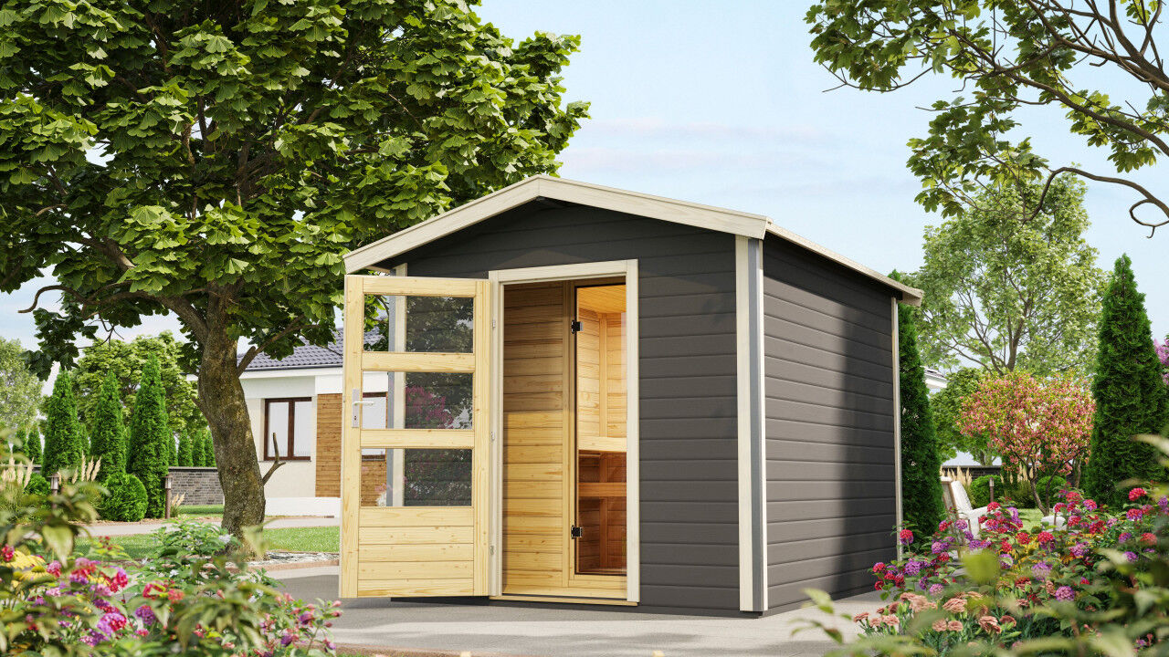 Saunahaus Bosse 1 mit Vorraum SET terragrau mit Ofen 9 kW ext. Strg