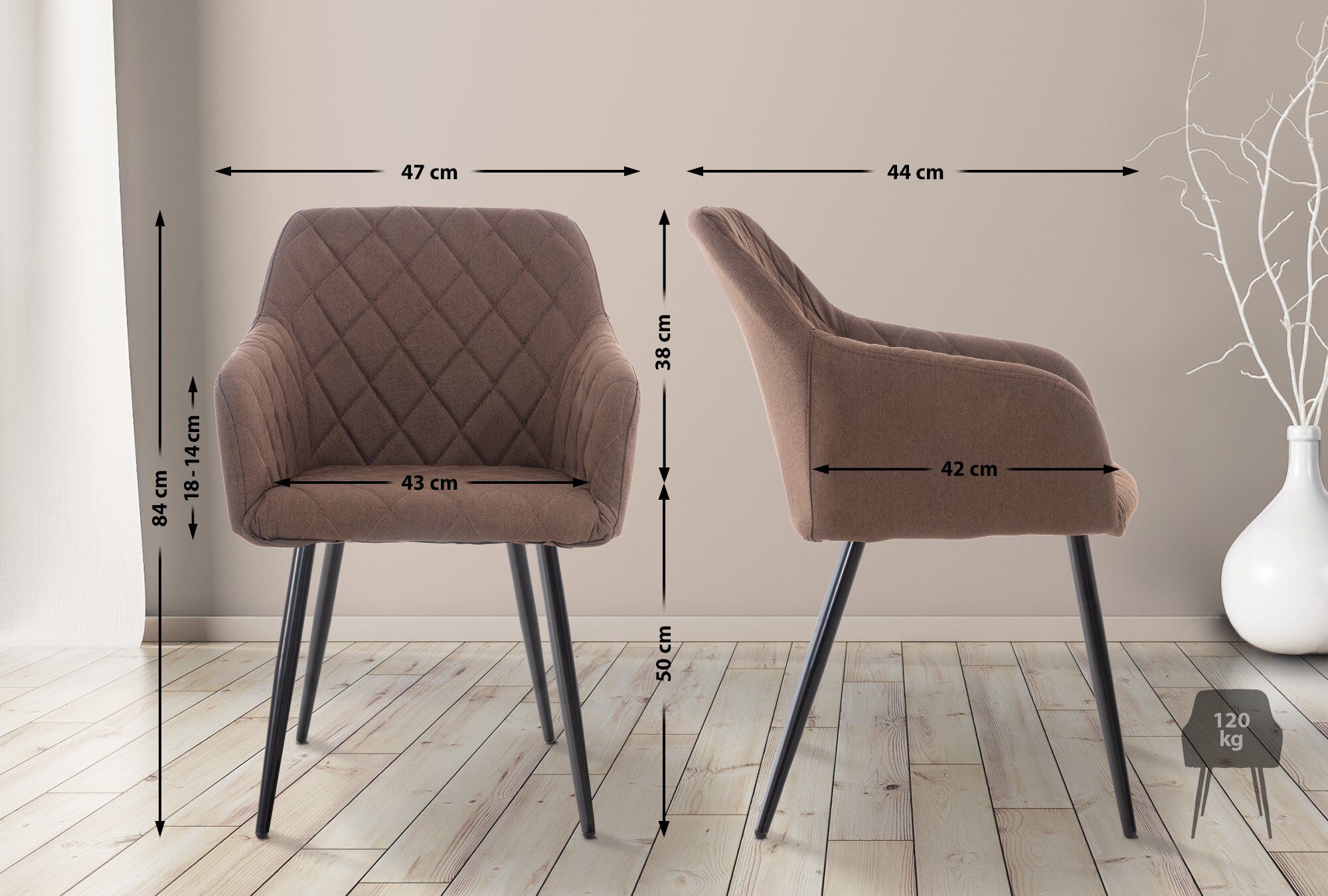 2er Set Esszimmerstuhl Shila Stoff, braun