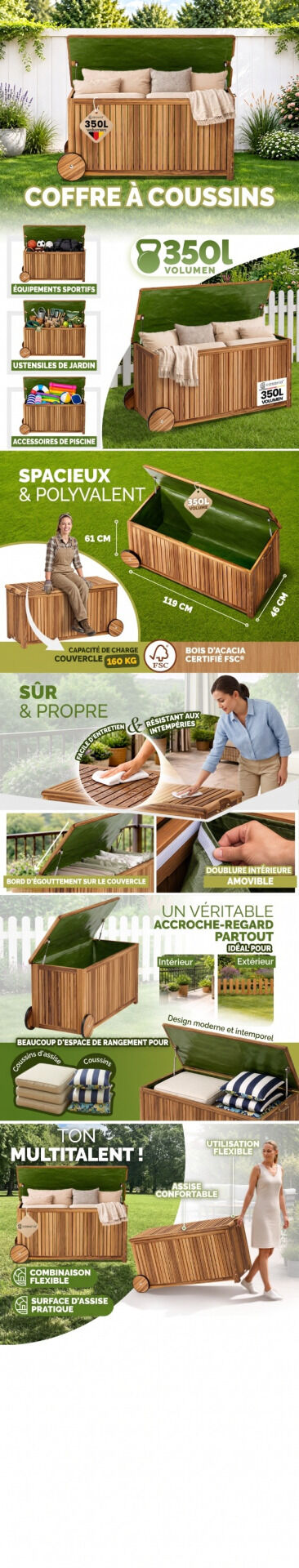 Gartenbox Akazienholz 350L mit Innenplane 119x50x61cm wetterfest