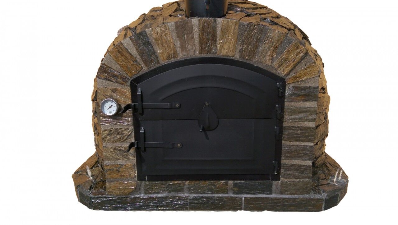 Pizzaofen Lisboa Pietra 100 inkl. Kaminrohr und Regenhut aus Feueraluminium, braun, ohne Abdeckhaube, Pizzaschaufel rund 19cm Holzstiel 1m, ohne Zubehörset, ohne Grillzubehör, ohne fahrbares Gestell