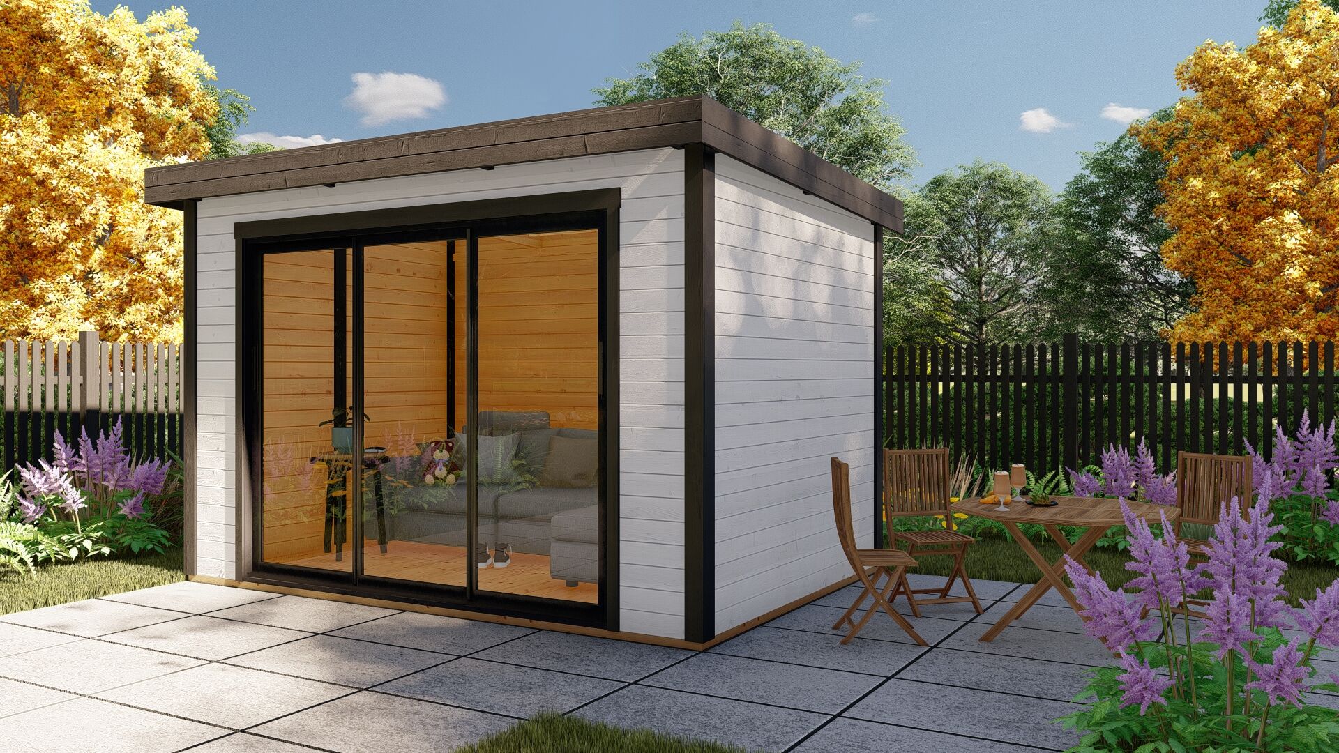 28 mm Flachdach Holz Gartenhaus modern Sydney 54 mit Schiebetür