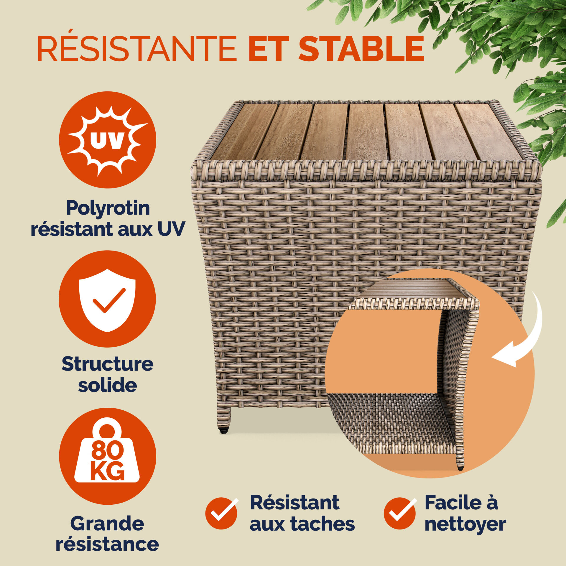 Polyrattan Beistelltisch Creme 40x45x45cm Akazienholz