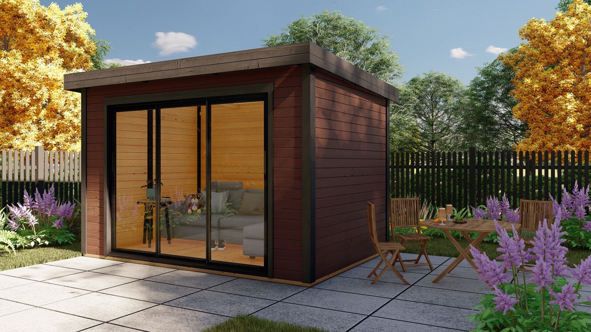 28 mm Flachdach Holz Gartenhaus modern Sydney 54 mit Schiebetür