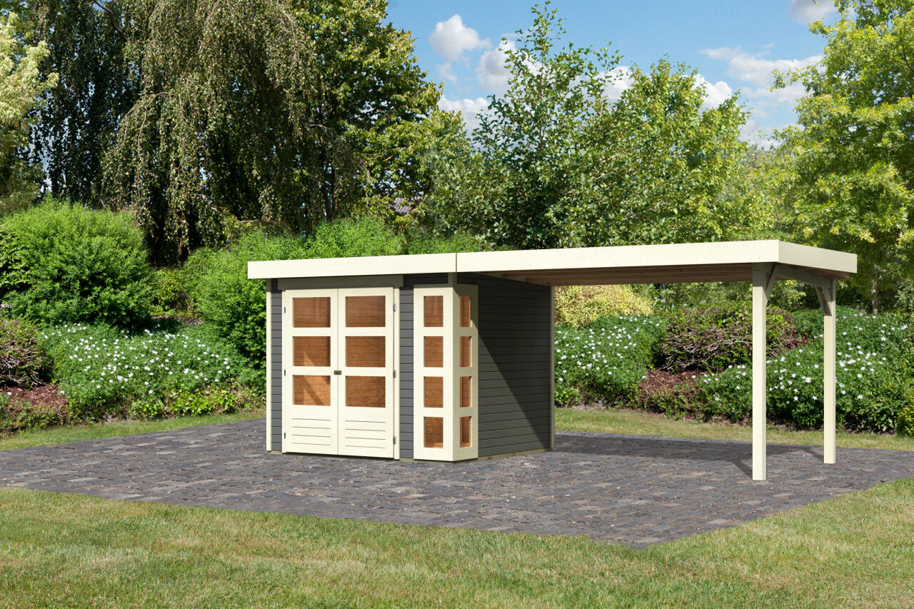 Flachdach Gartenhaus Kerko 3 im Set mit Anbaudach 2,80 m terragrau