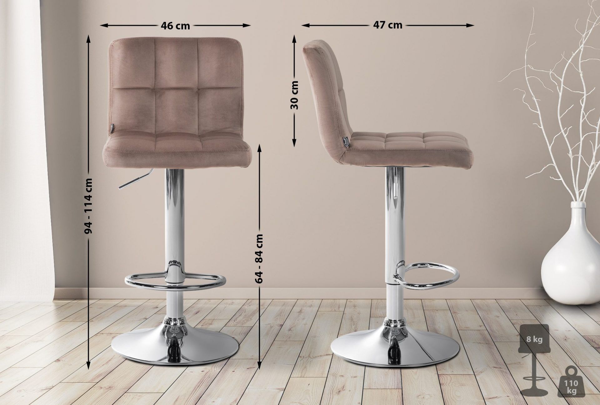 2er Set Barhocker Peru Samt chrom, braun