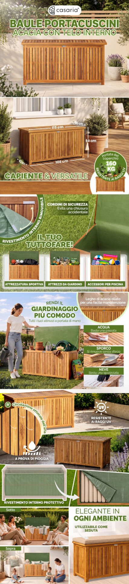 Gartenbox Akazienholz 115x50x59cm mit Innenplane wetterfest 205L