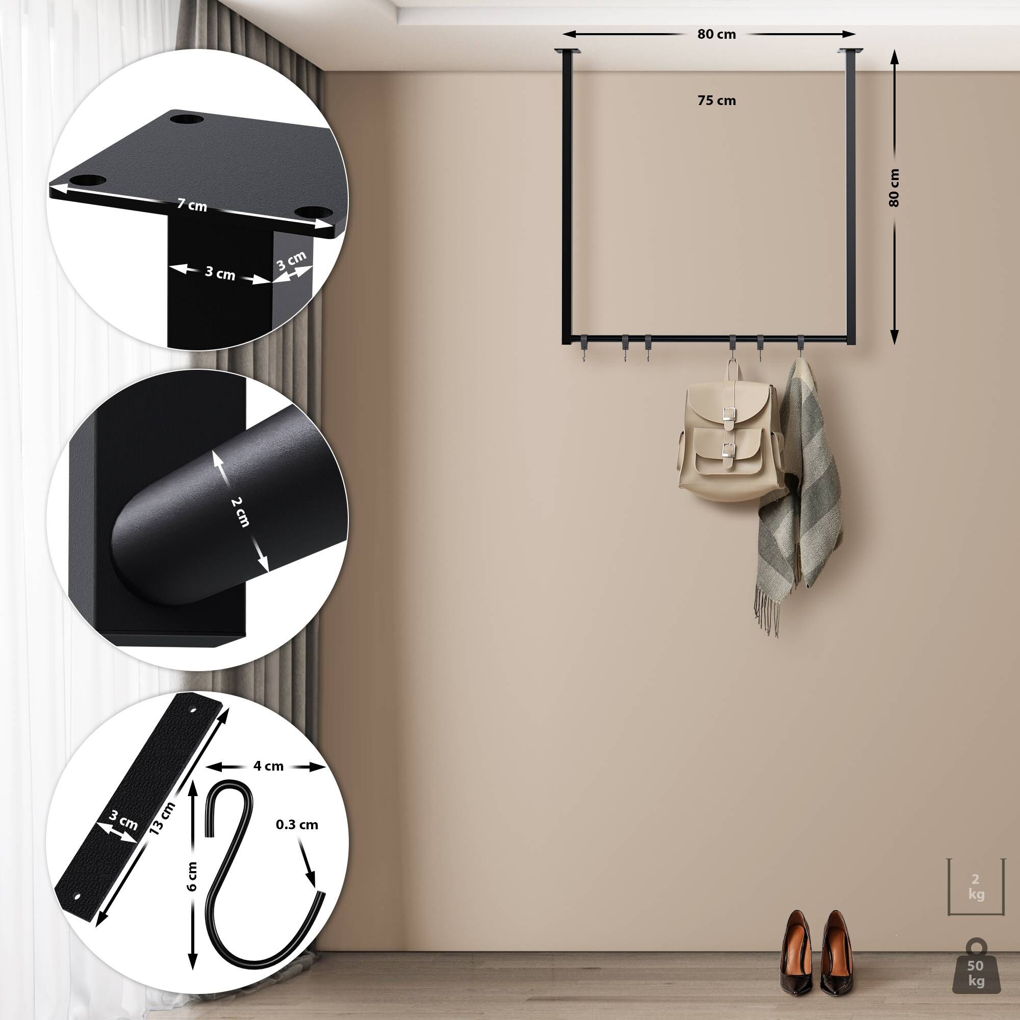 Kleiderstange Fenton 80x80 cm 6er, schwarz