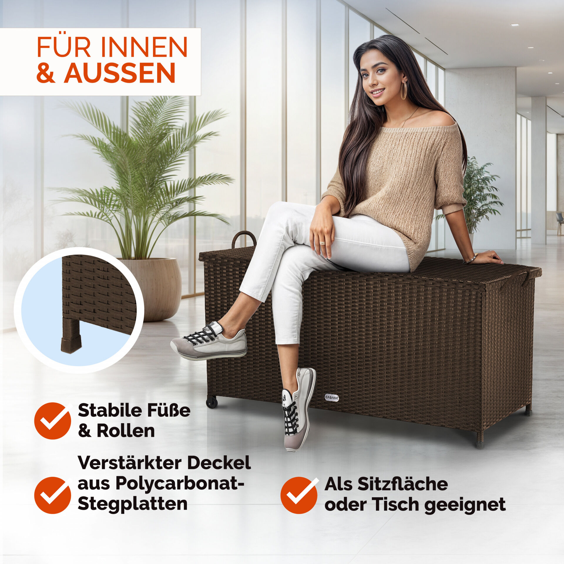 Gartenbox Polyrattan Braun 117x53x60cm mit Griffen + Rollen