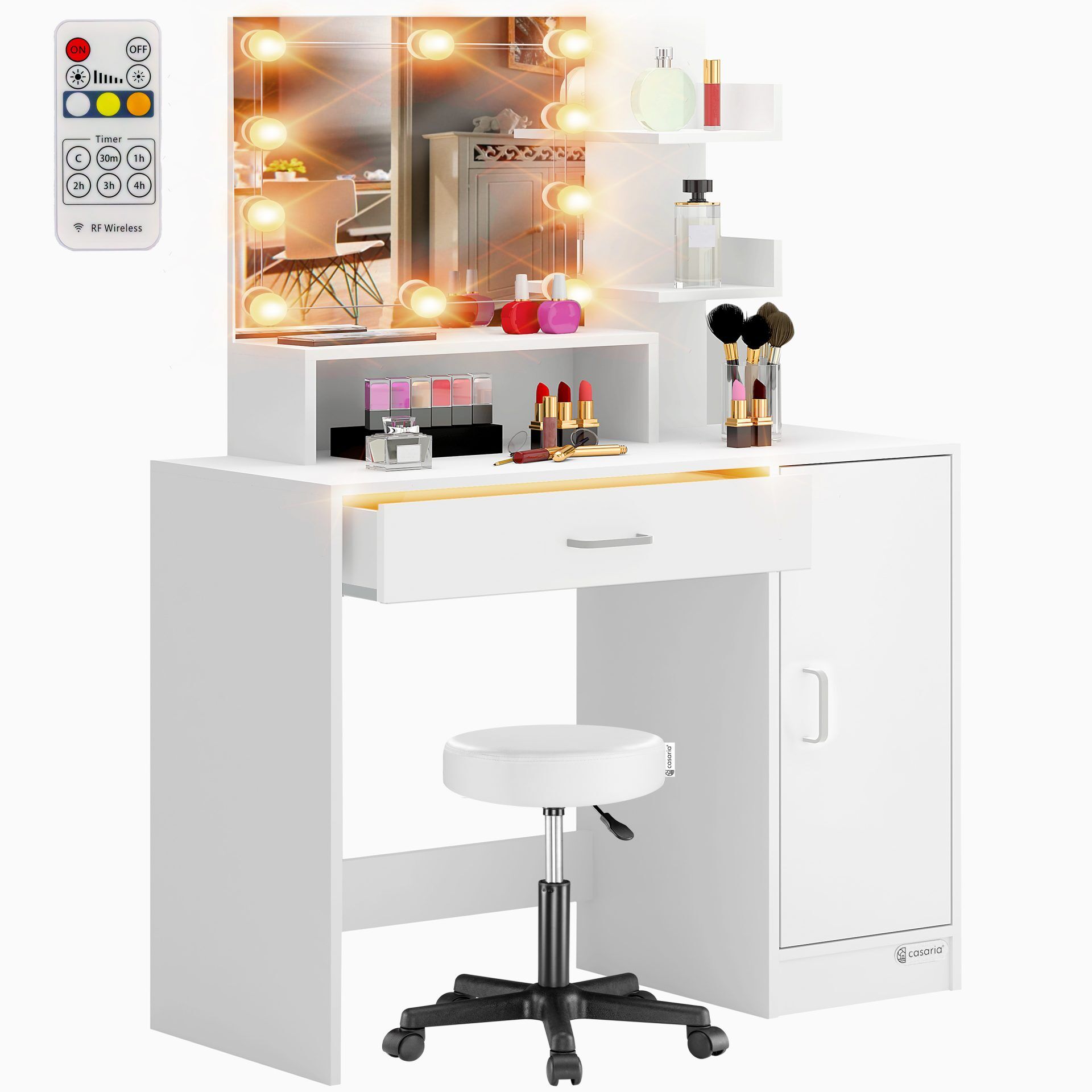 Schminktisch Jocelyn Weiß 140x90x40cm LED + Rollhocker
