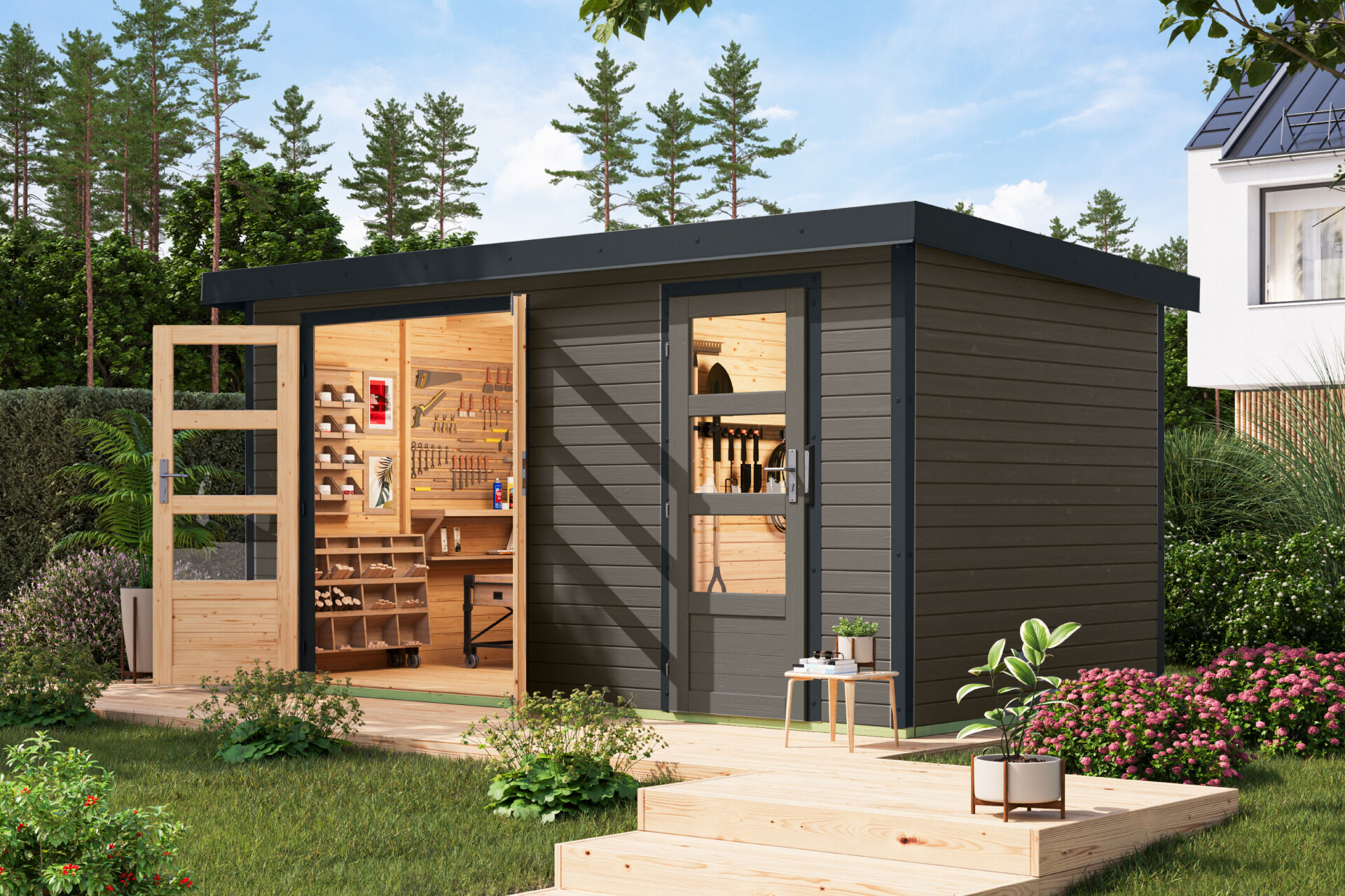 Karibu Pultdach Holz & Metall Gartenhaus Merkur, naturbelassen / graualuminium