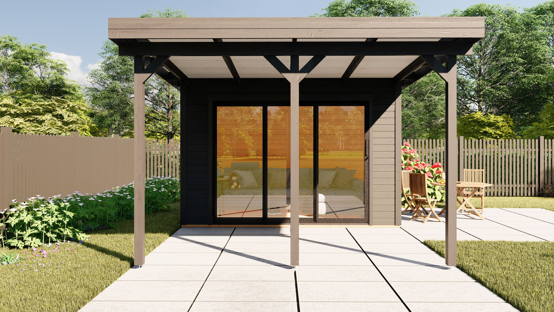 Flachdach Gartenhaus modern Sydney 50 mit Terrasse und Schiebetür