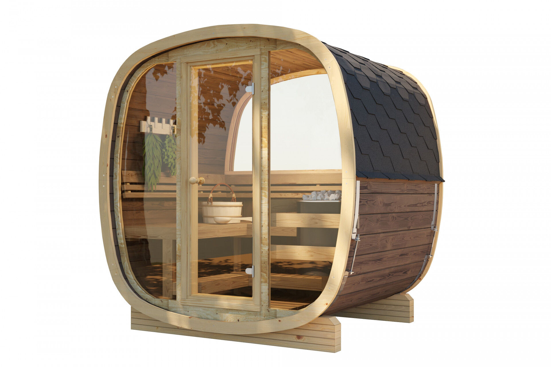 Finn Art Fasssauna Quadro 160 Standard, Thermoholz, Vollglas Front, Halbglas Rückwand, freigestellt