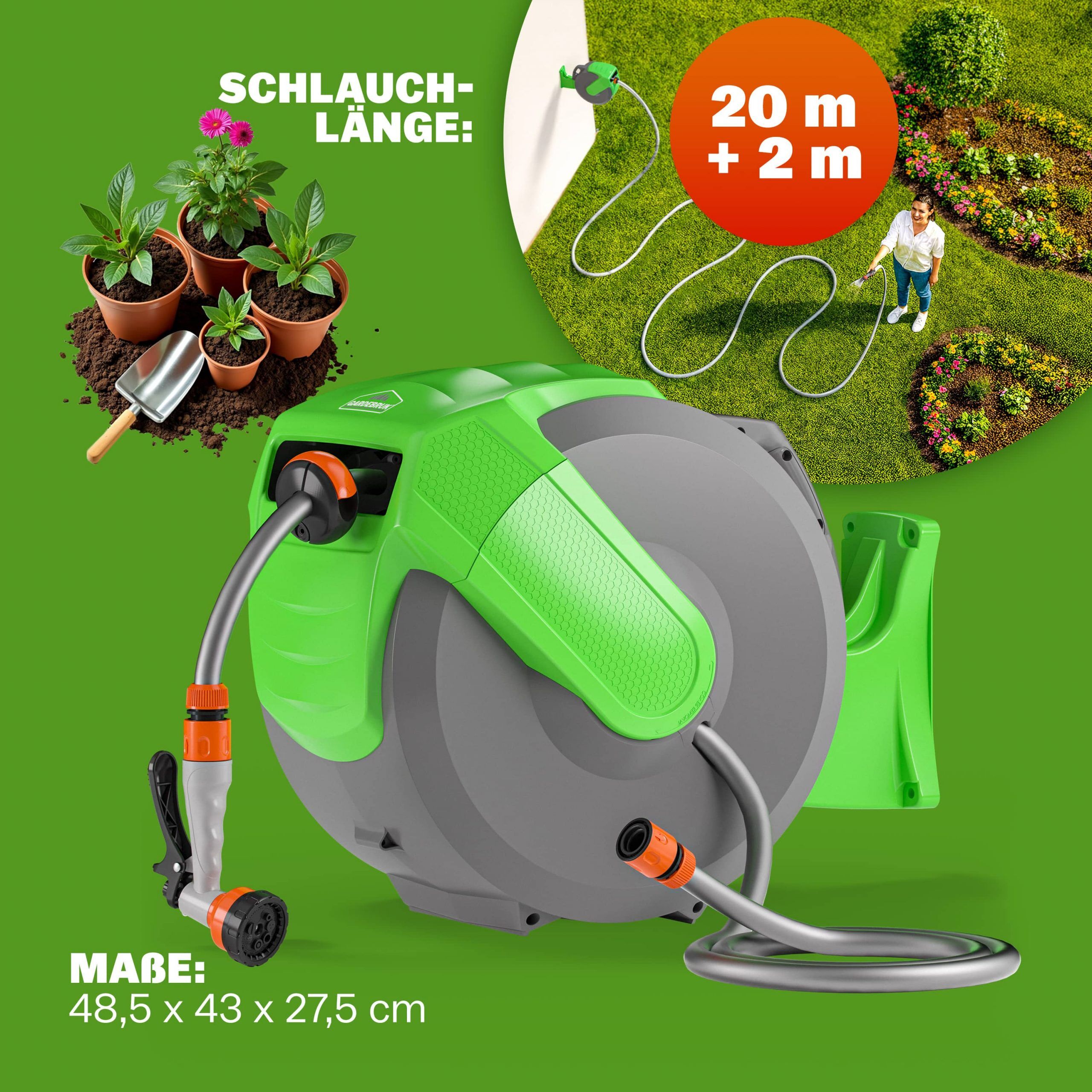 Wasserschlauchaufroller inkl Schlauchspritze 20m + 2m Zuleitung