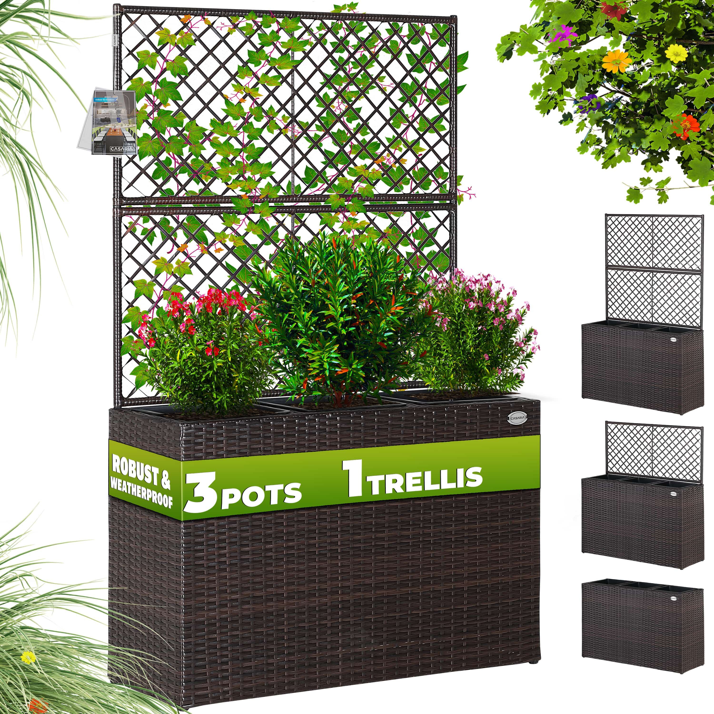 Polyrattan Blumenkasten mit Rankgitter Braun