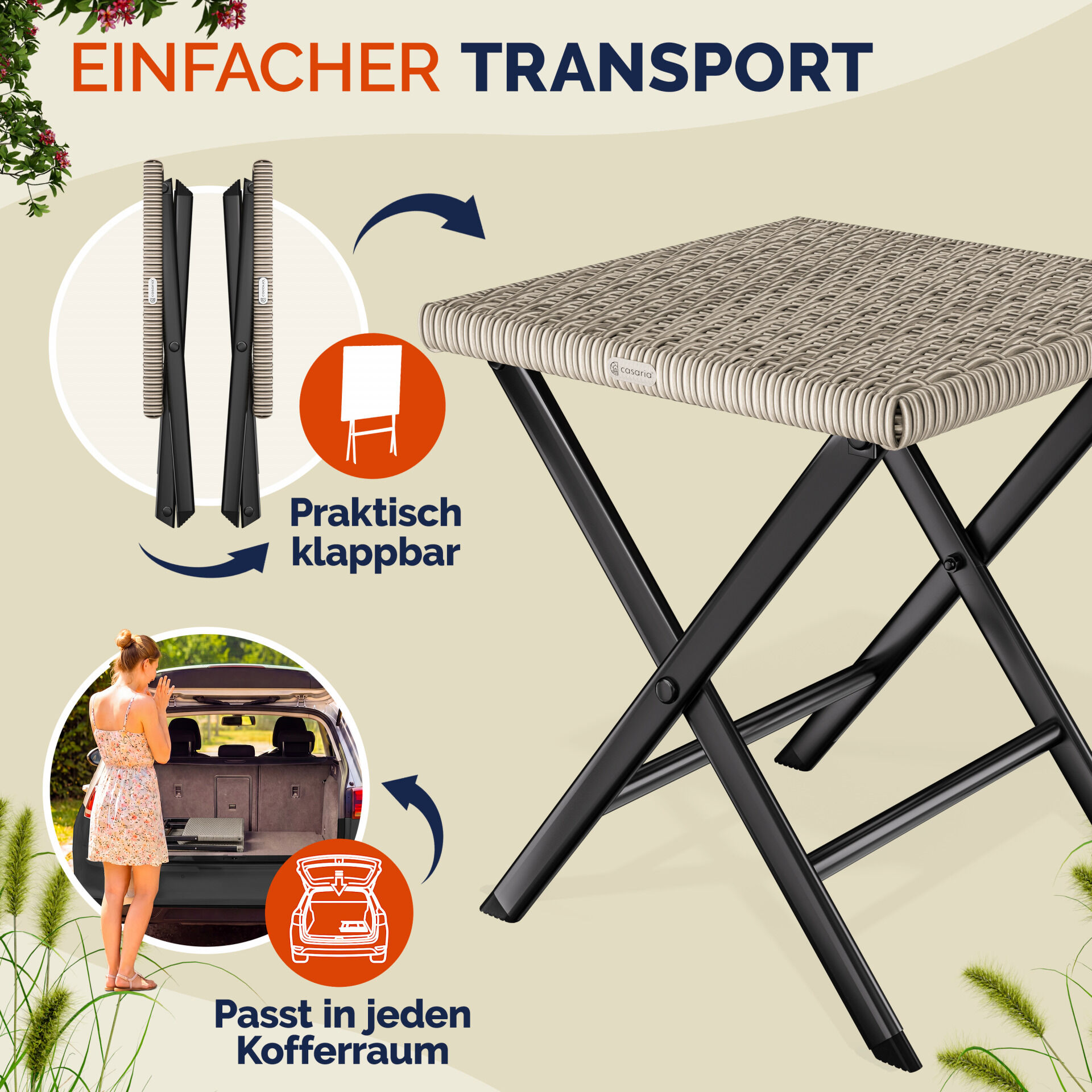 Polyrattan Klapphocker Creme 3in1 120kg Belastbarkeit 43x40x44cm klappbar leicht tragbar außen wetterfest