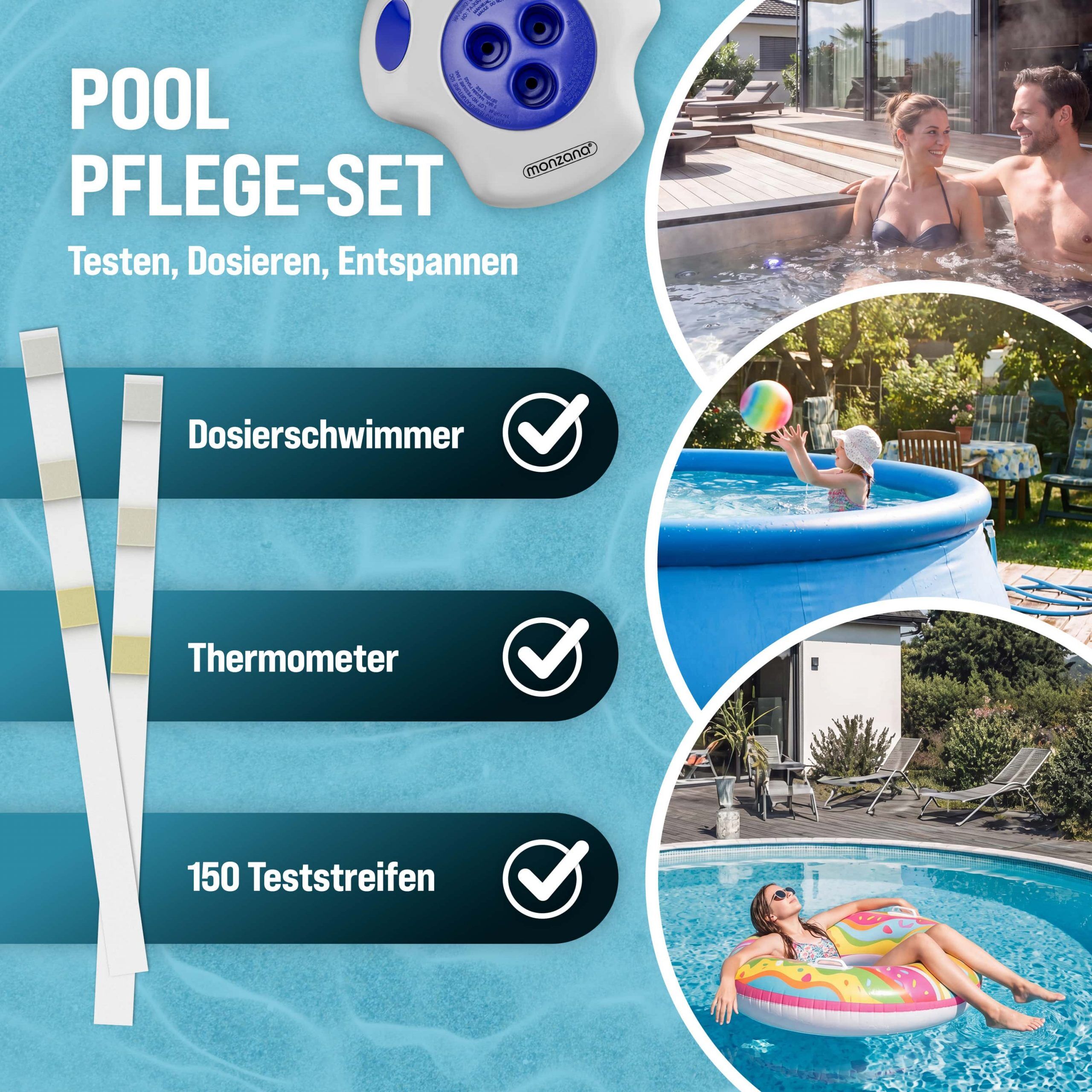 Dosierschwimmer Pool für 20-200g Tabletten inklusive 150 3in1 Teststreifen UV-Resistent Chlor Schwimmer mit Thermometer