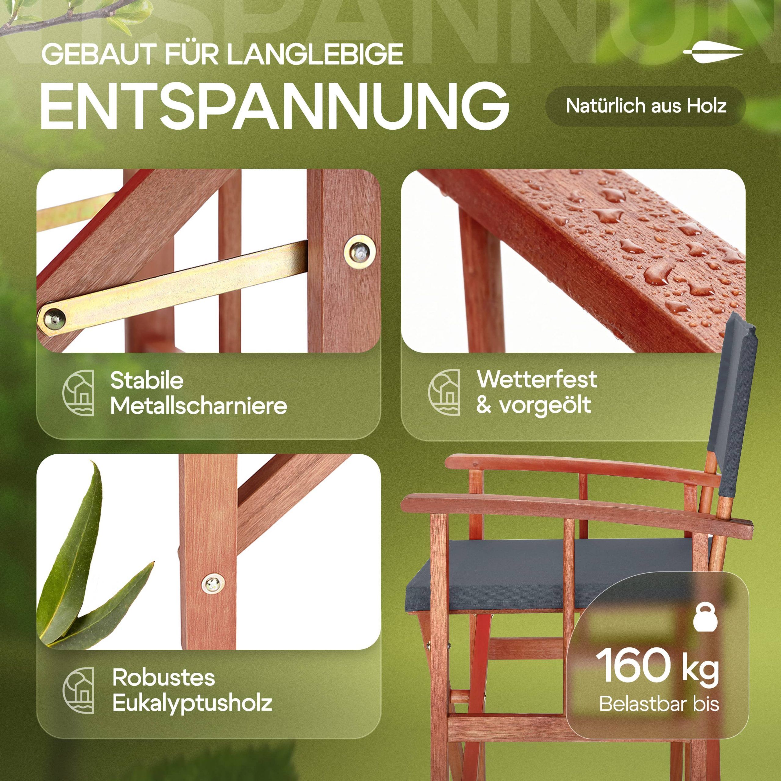 Regiestuhl Anthrazit Eukalyptusholz FSC®-zertifiziert Klappbar Gartenstuhl bis 160kg