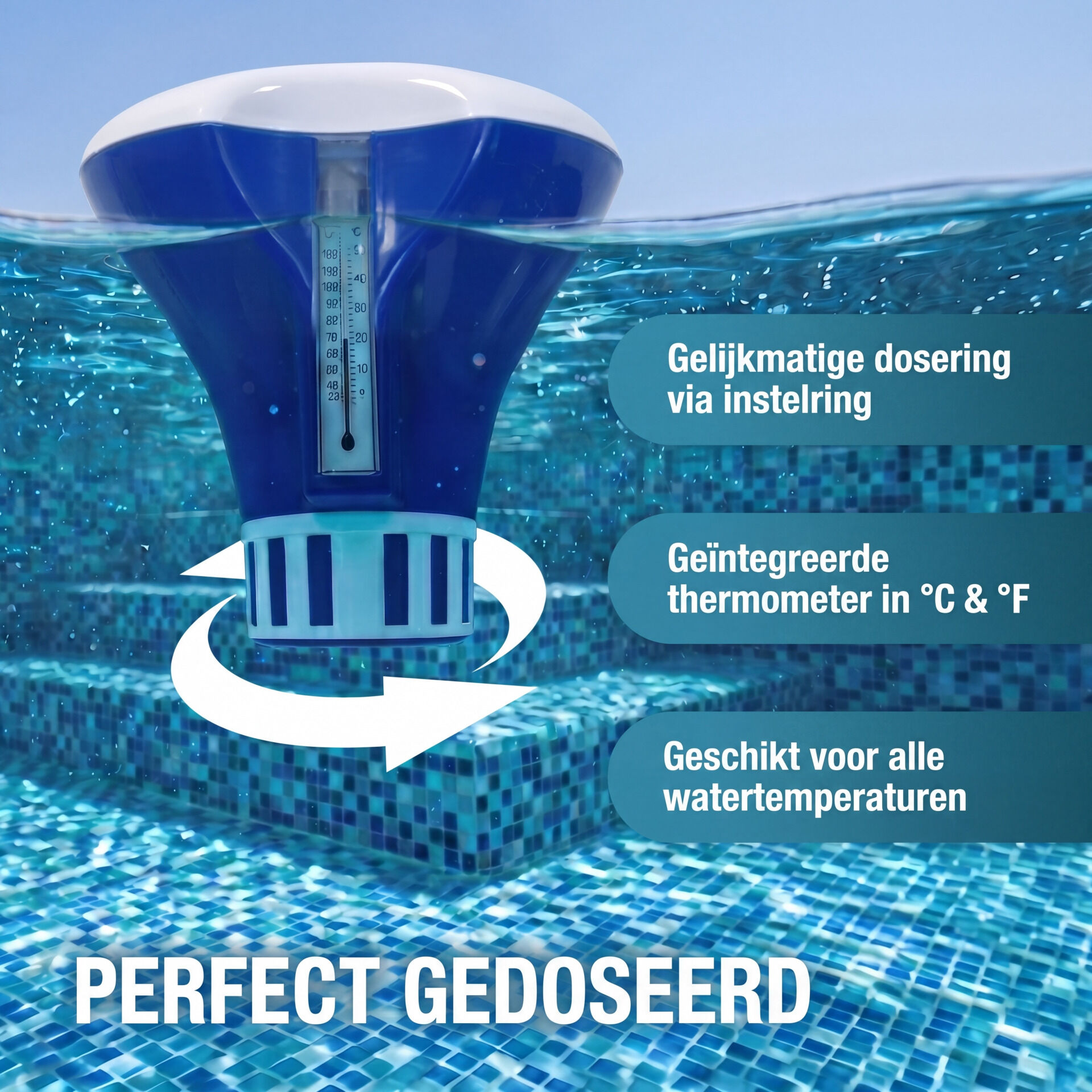 Dosierschwimmer Pool für 20-200g Tabletten inklusive 150 3in1 Teststreifen UV-Resistent Chlor Schwimmer mit Thermometer