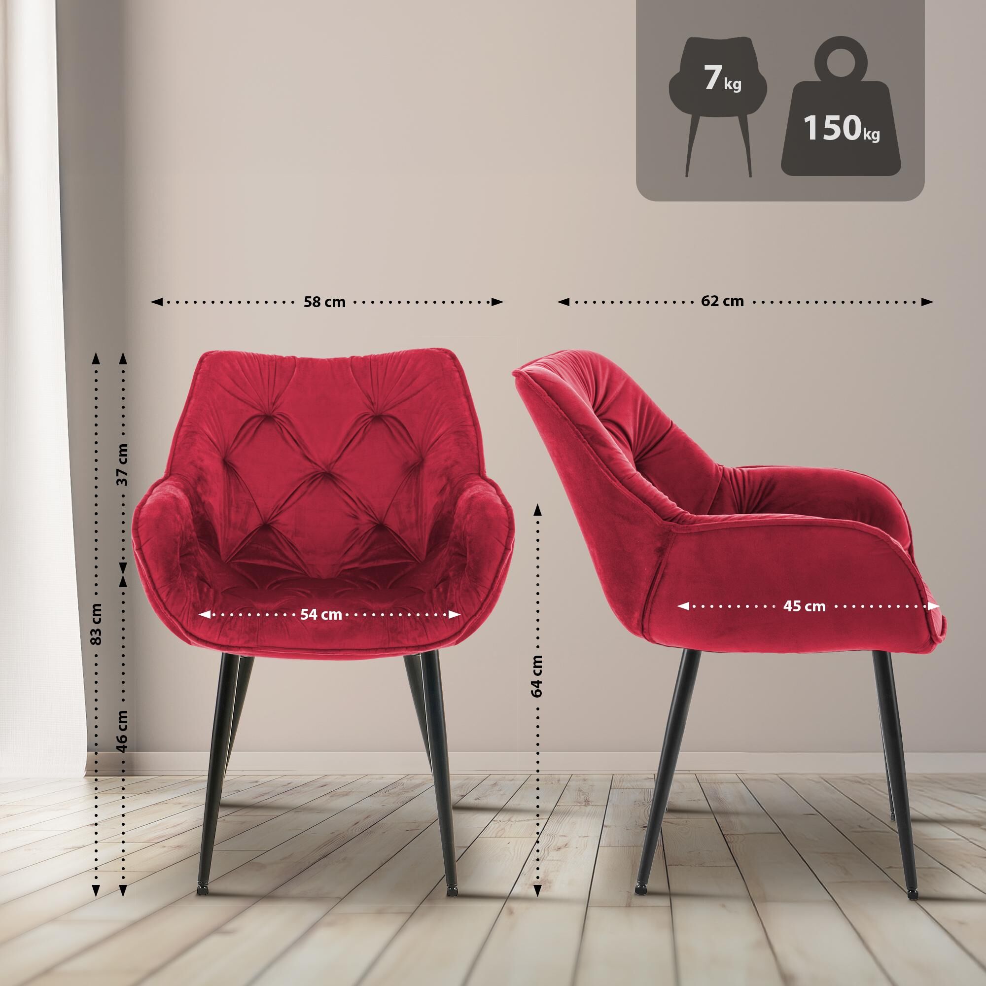 4er Set Stuhl Tanna Samt, rot