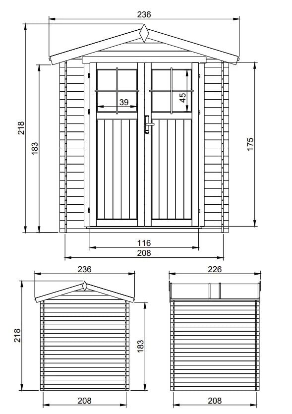 Gartenhaus Anton M369F Zeichnung mit Abmessungen