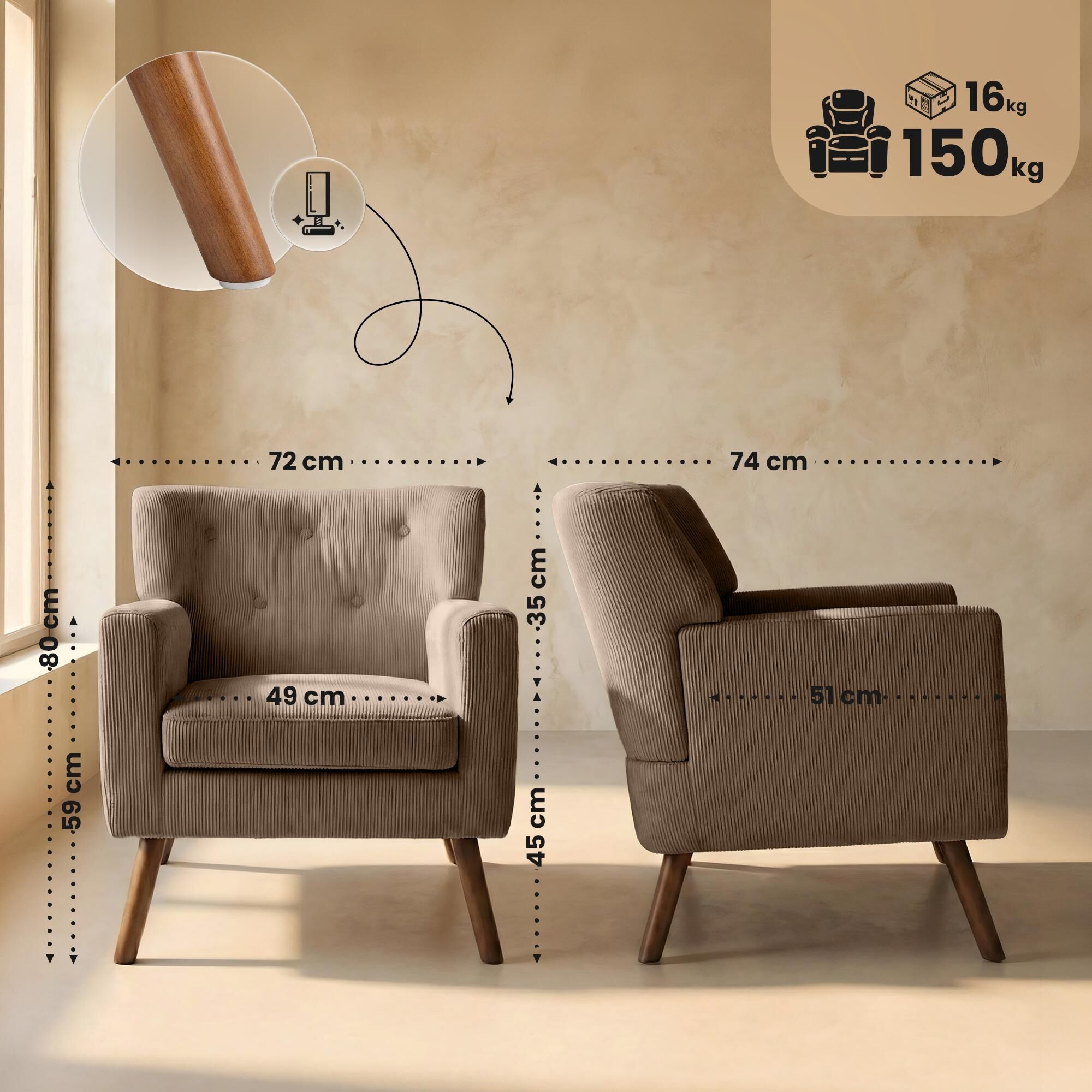 Sessel Kioni Cord, dunkelbraun