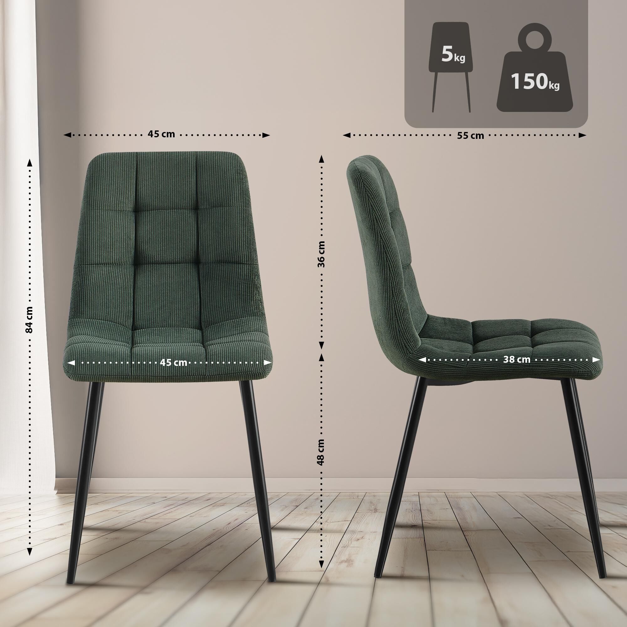 2er Set Esszimmerstuhl Tilde Cord, grün