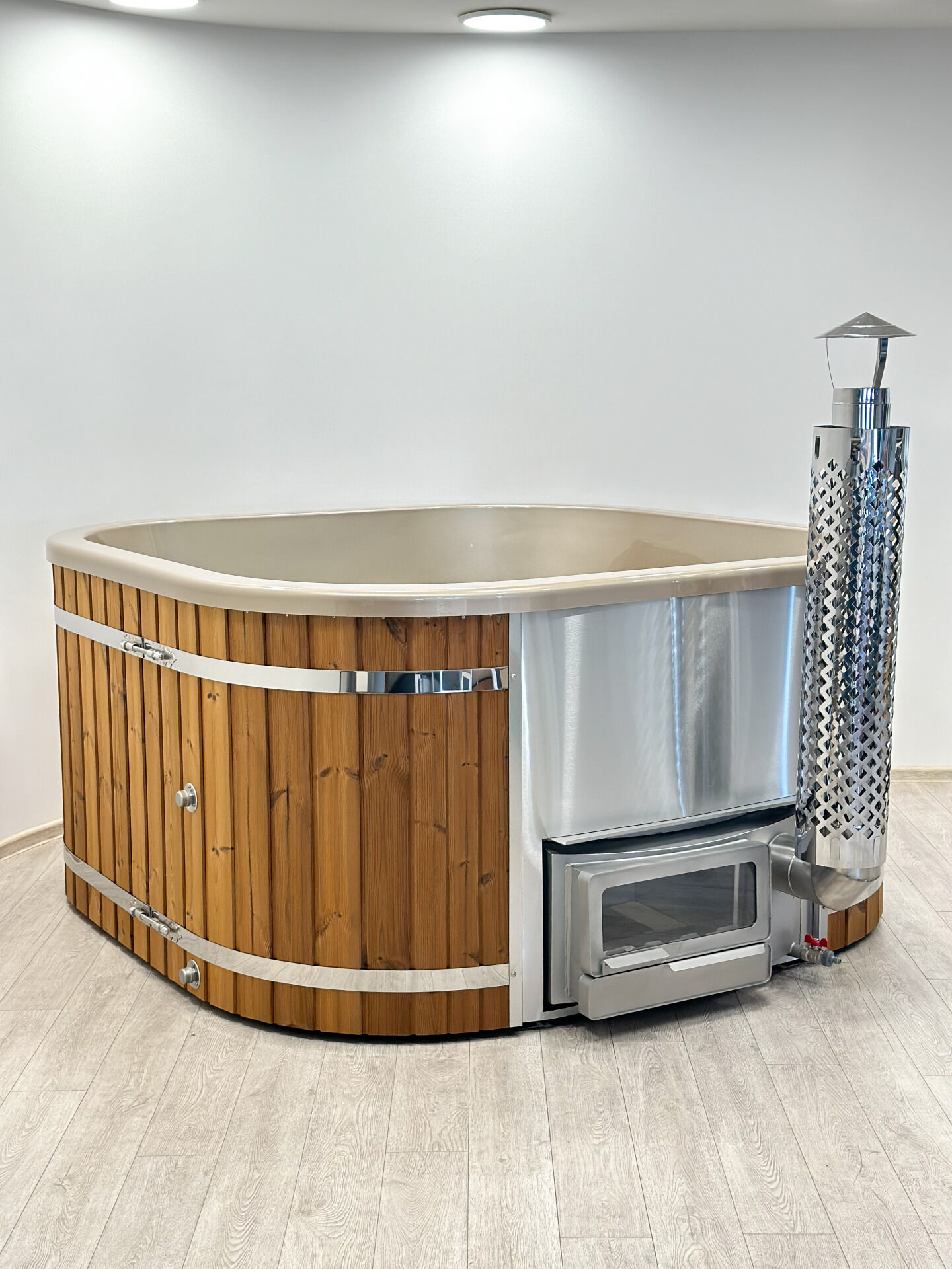 Badefass Premium quadratisch | Horizon Holzofen | Thermoholz | Acryl-Einsatz, Gold, V2A Edelstahlofen