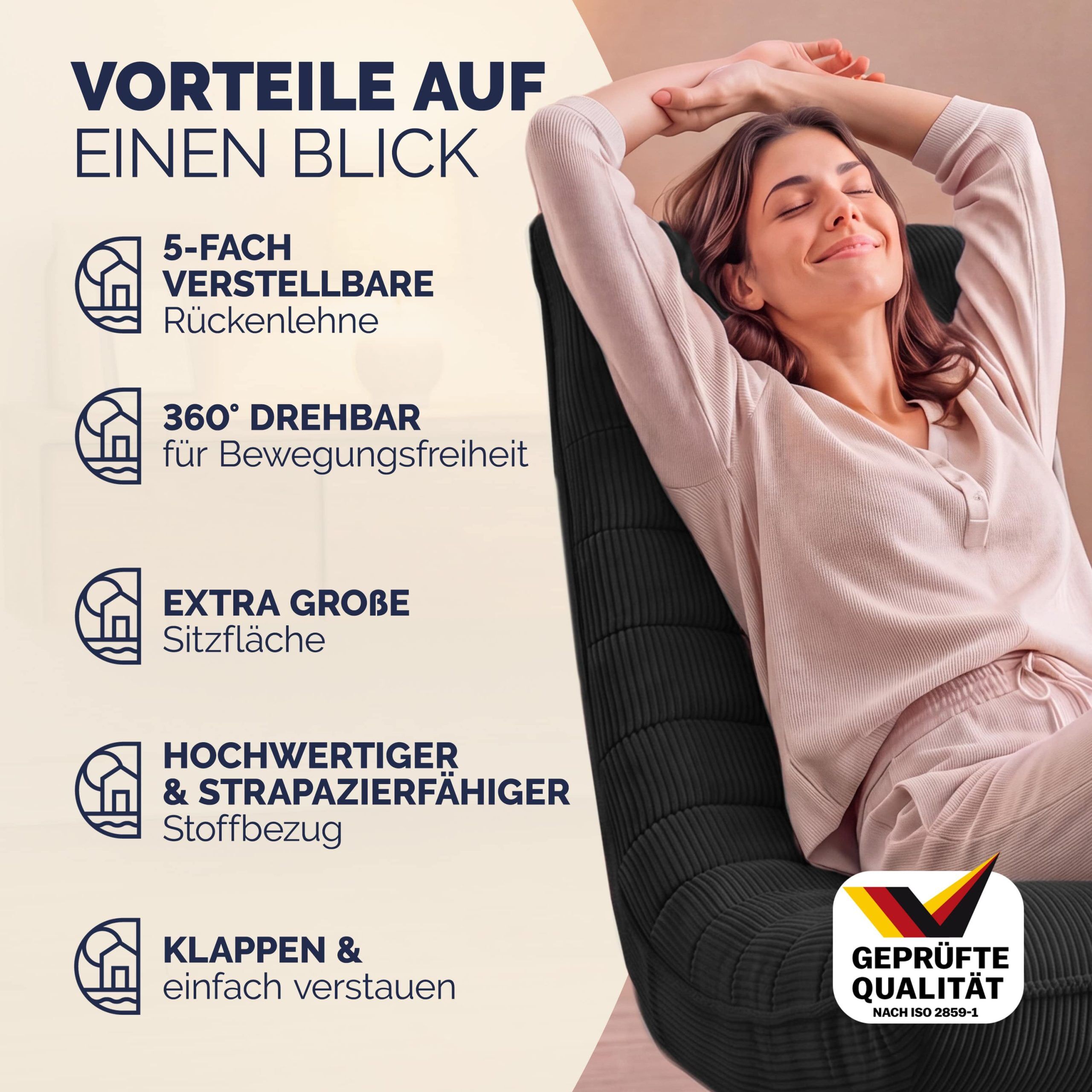 Sessel Aberdeen Schwarz Cord 5fach verstellbar 360 Grad drehbar klappbar