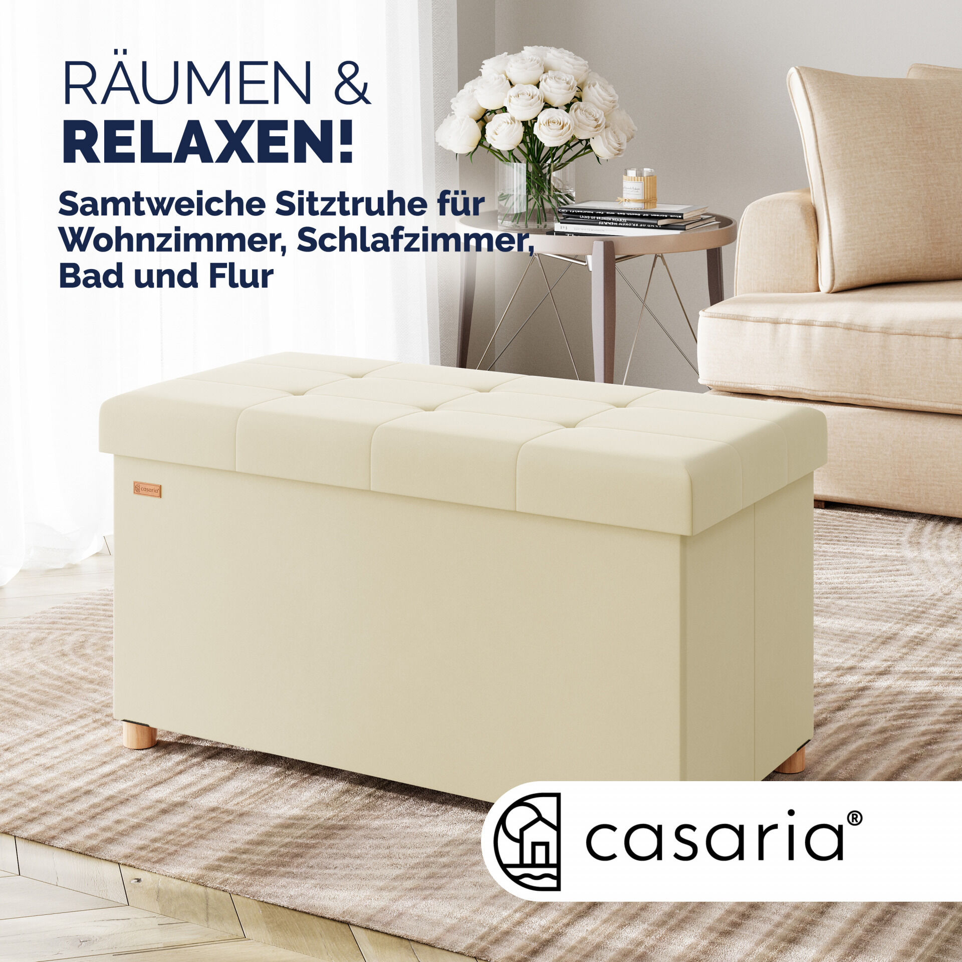 Sitzbank Beige Samt 76x38x42cm mit Stauraum faltbar