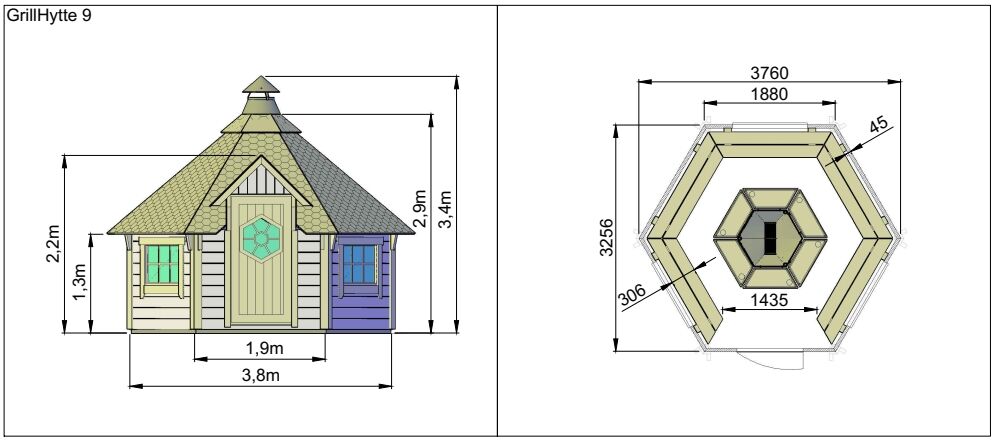 Zeichnung und Grundriss Grillkota Exzellent 9 m²