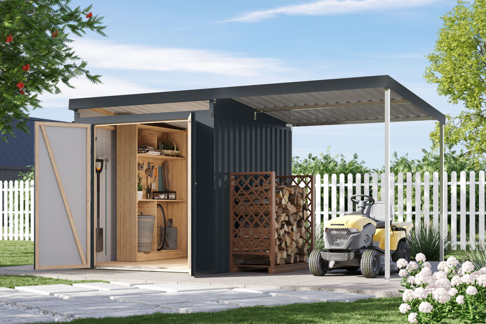 Karibu Pultdach Metall Gartenhaus Iridium 2 Set mit Anbaudach 2m, graualuminium