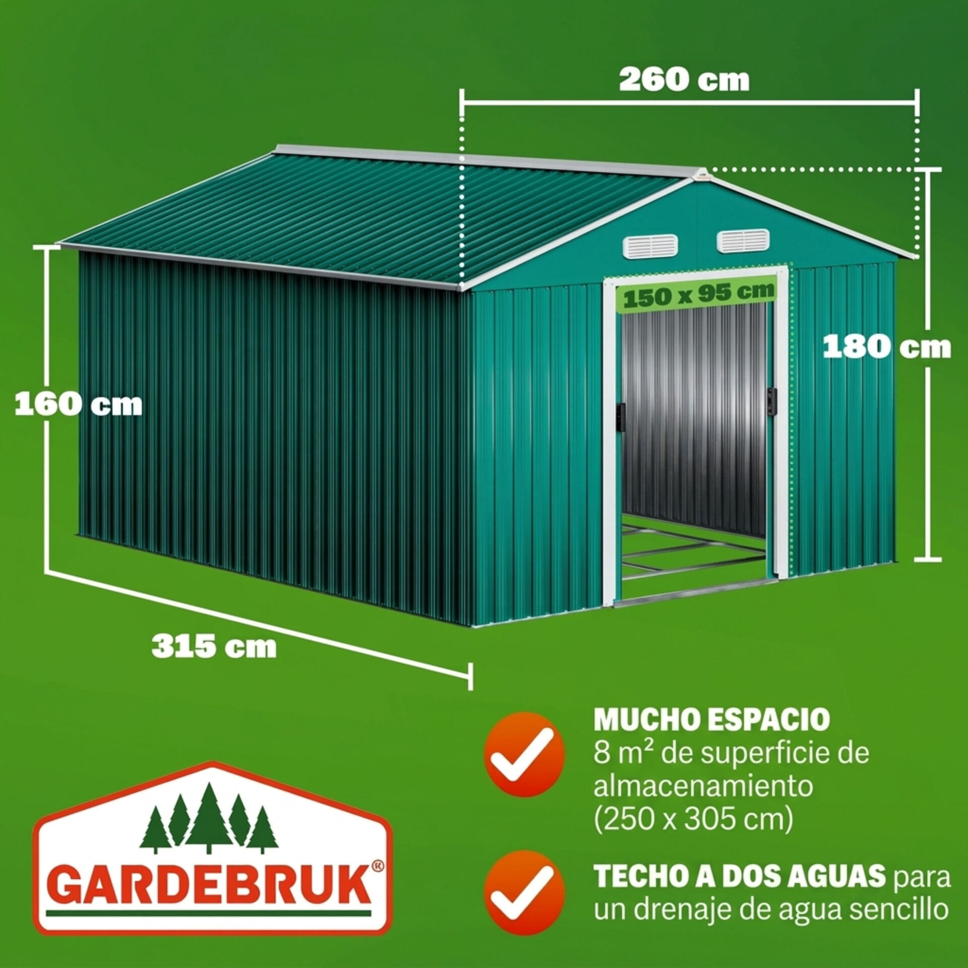 Geräteschuppen Grün 260x315x180cm Metall 15m³ Stauraum verzinkter Bodenkranz