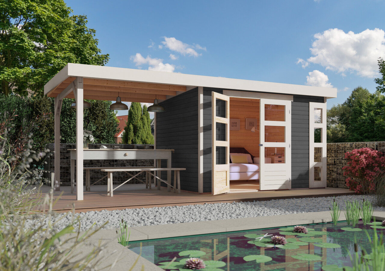 Flachdach Gartenhaus Kerko 4 im Set mit Anbaudach 2,80 m terragrau