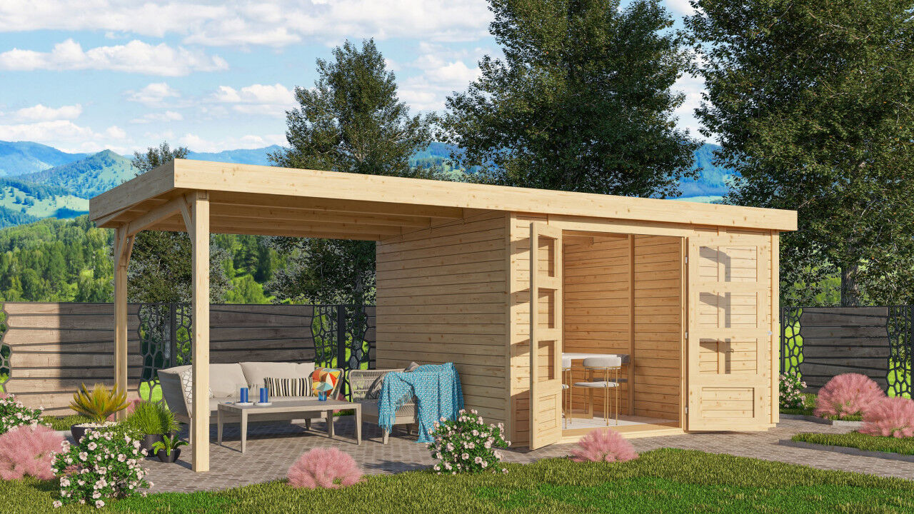 Flachdach Gartenhaus Retola 4 inkl. Anbauschrank und Anbaudach 2,80 m natur