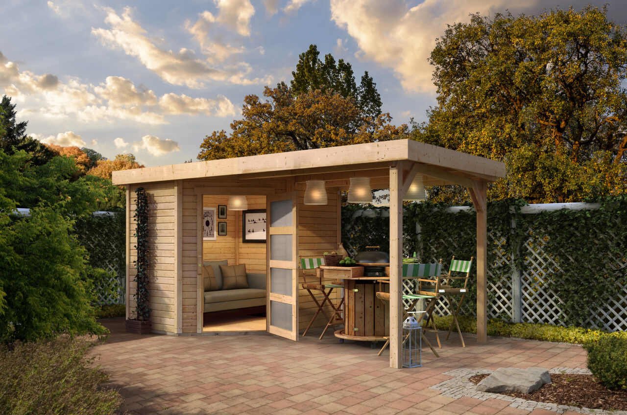 Flachdach Gartenhaus Schwandorf 3 im Set mit Anbaudach 2,80 m natur