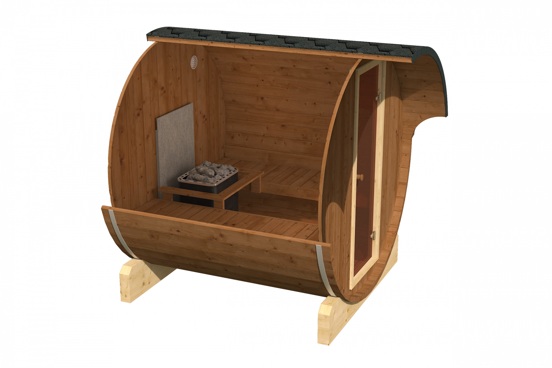 Finn Art Fass-Sauna Ove Thermoholz Innenansicht mit Elektroofen und seitlichen Saunabänken