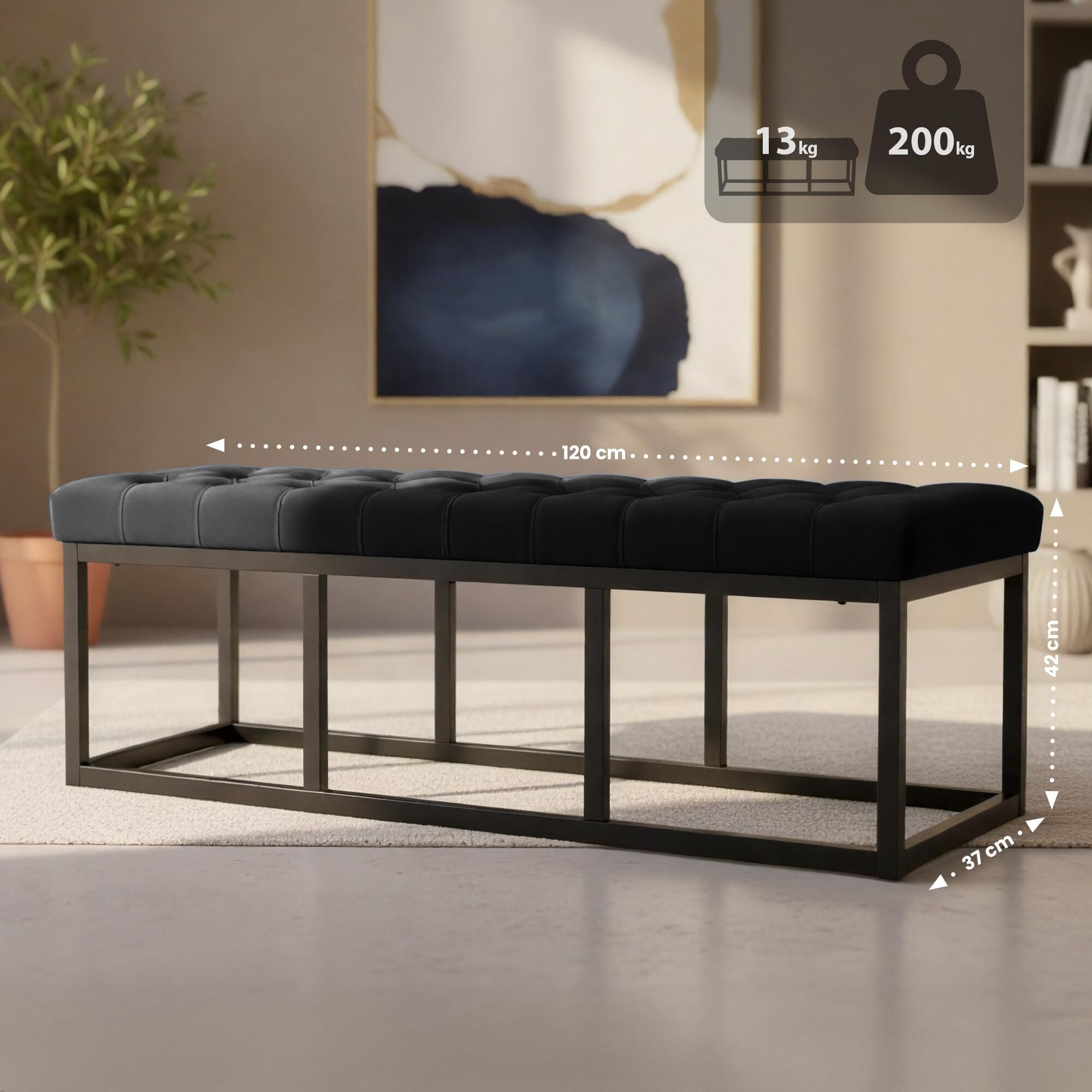 Sitzbank Polson Samt Schwarz 120 cm, schwarz