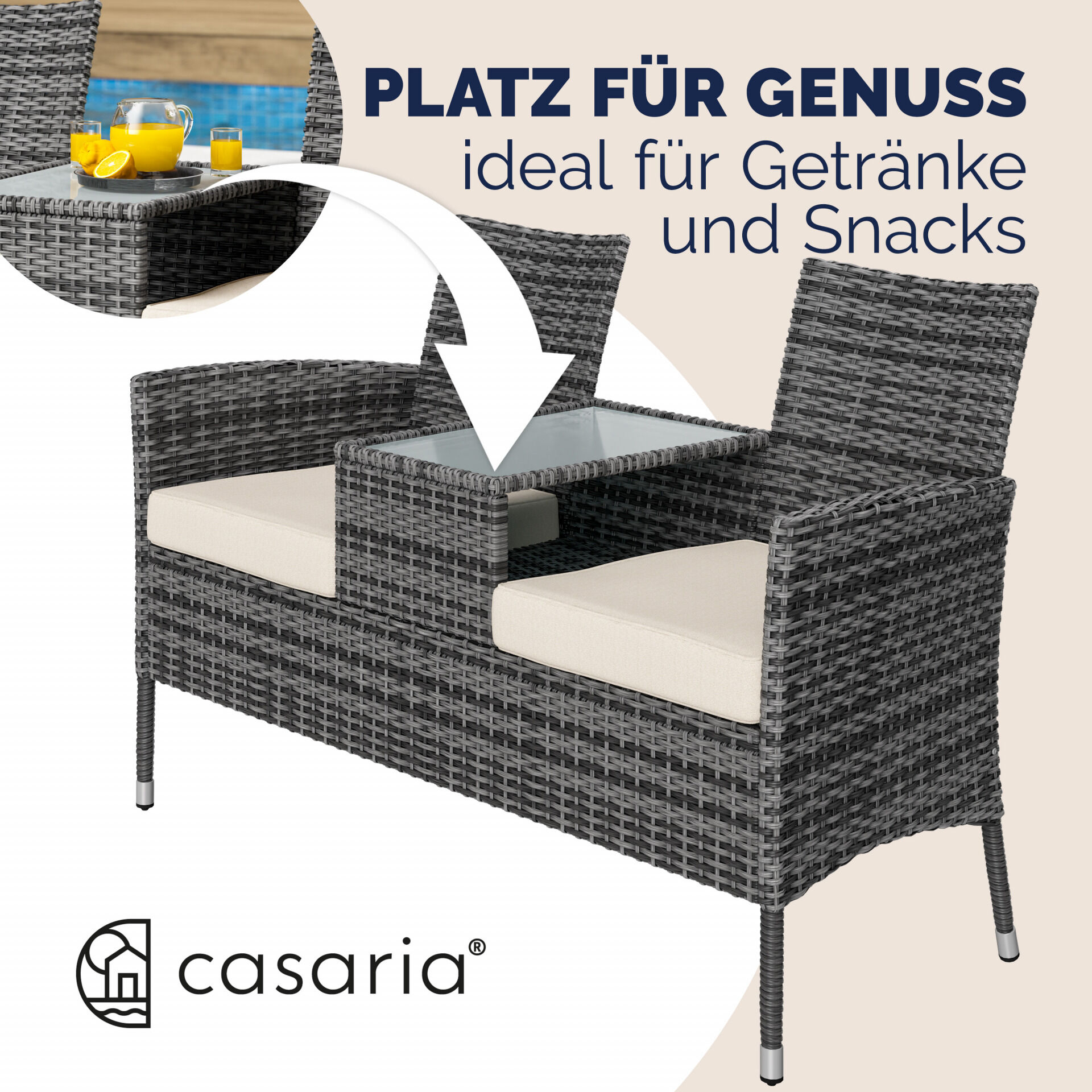 Polyrattan Kino Bank Grau/Beige 145x58x87cm