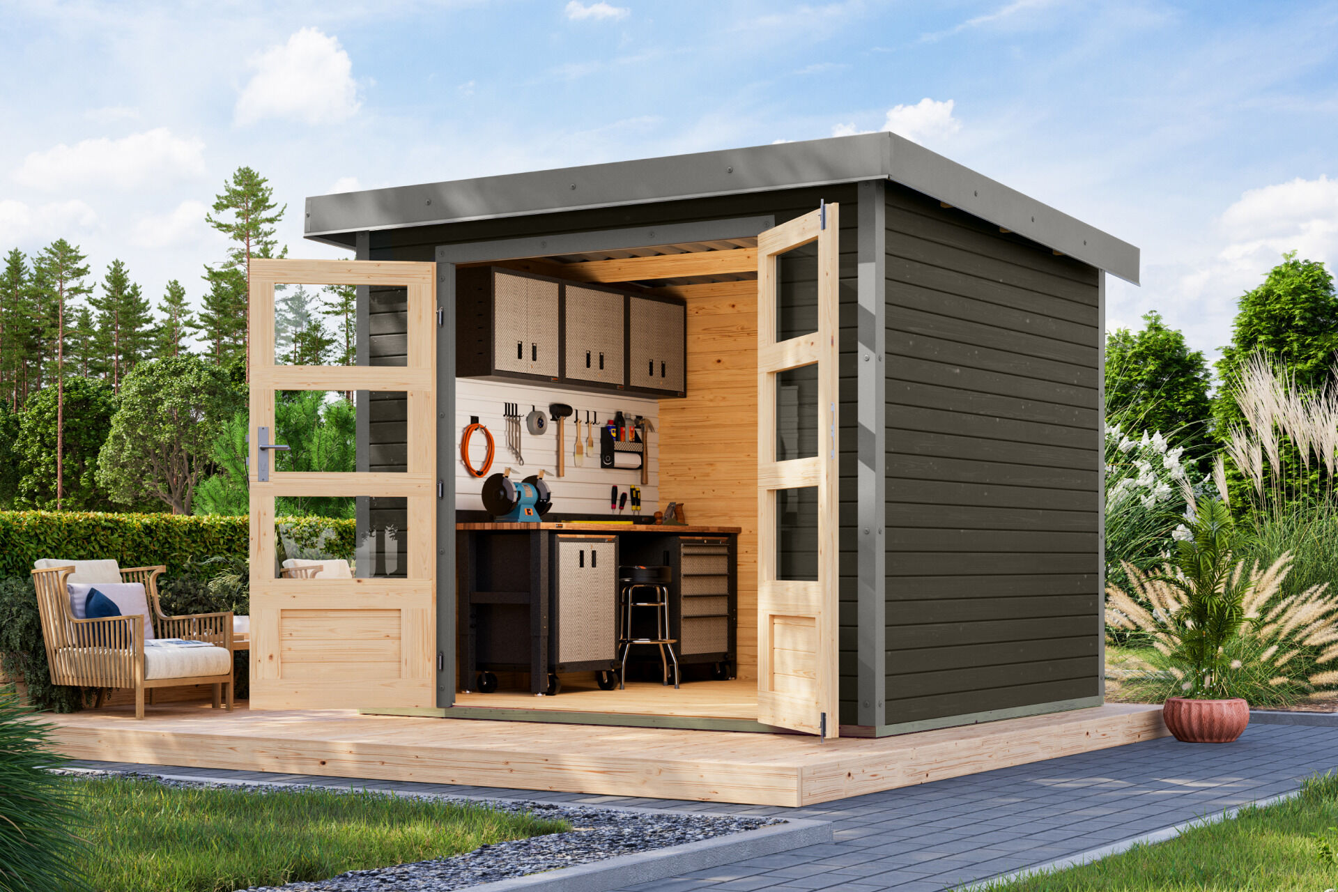 Karibu Pultdach Holz & Metall Gartenhaus Jupiter 3, naturbelassen / graualuminium