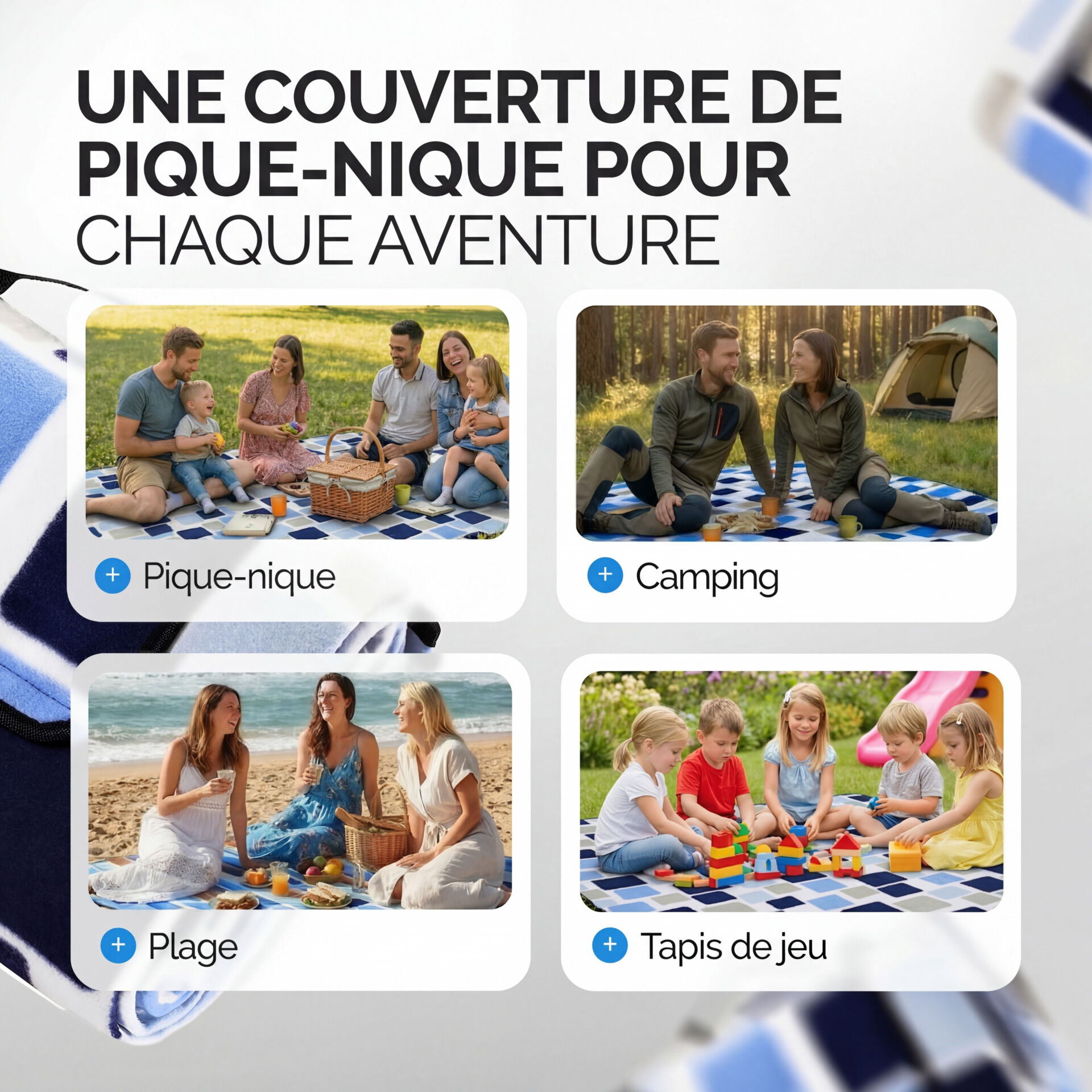 Picknickdecke Quadrate/Blau 2x2m