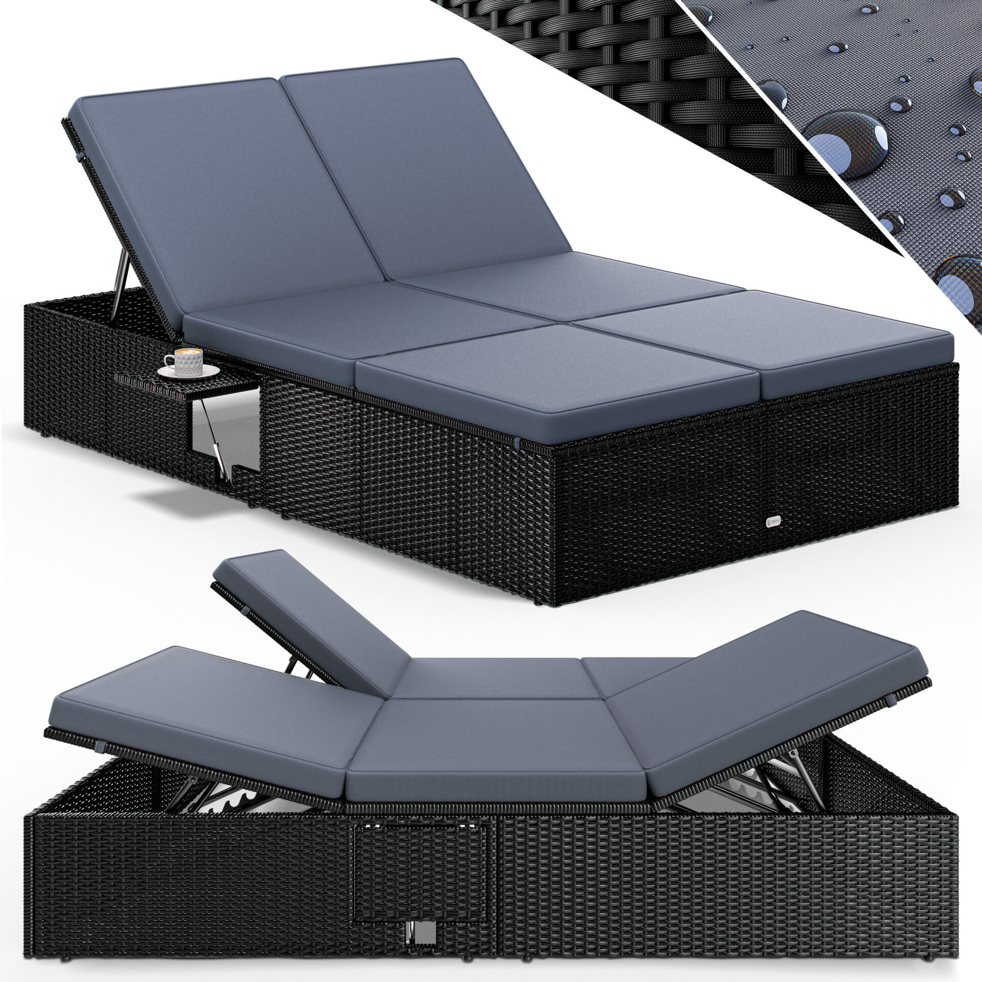 Polyrattan Gartenliege Schwarz/Anthrazit 200x115x33cm