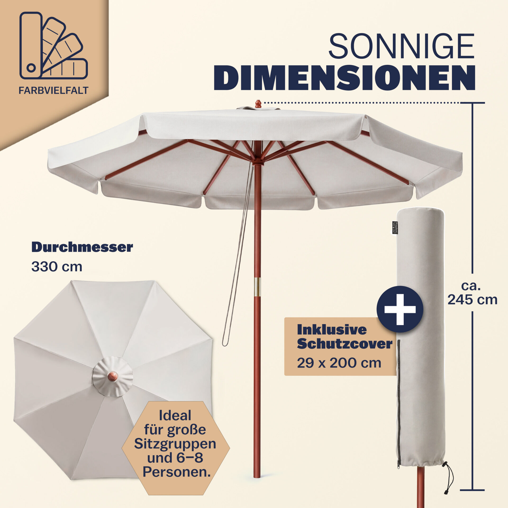 Sonnenschirm Holz Beige Ø330cm UV-Schutz 80+